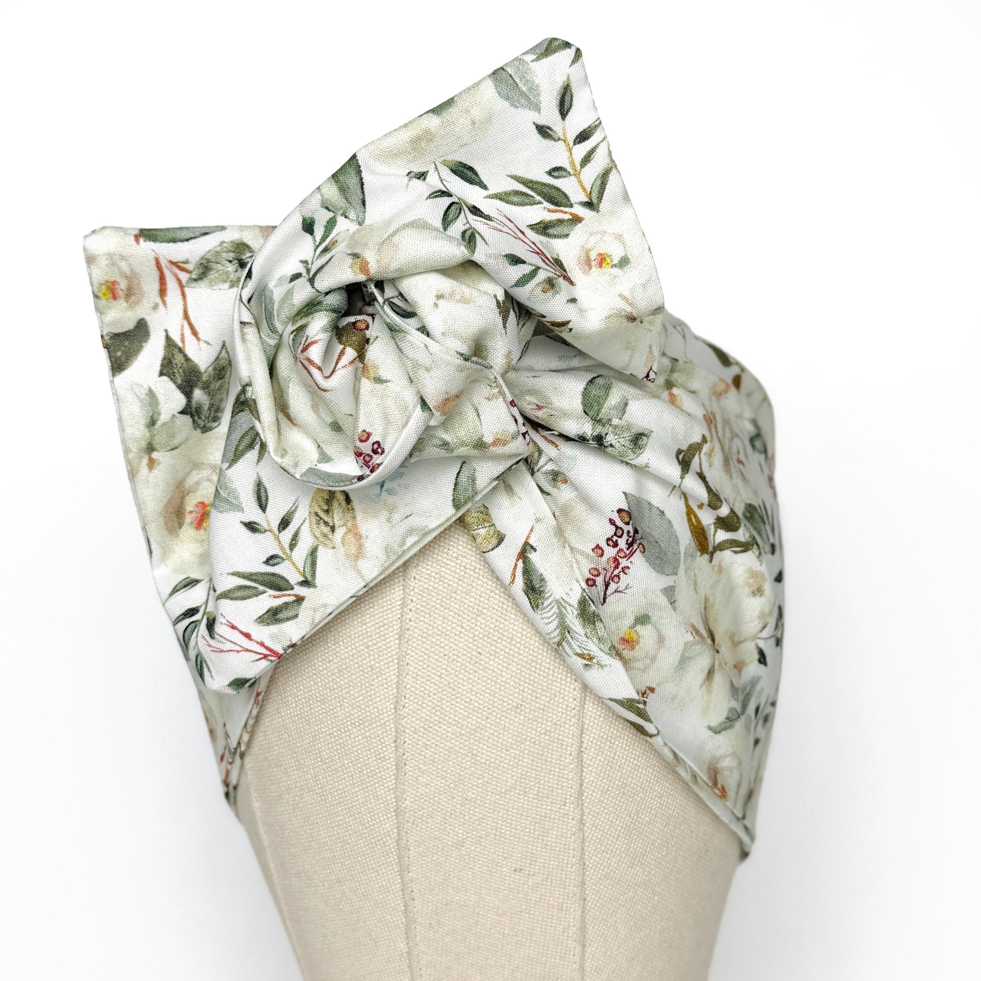 Extra Wide BENDABLE Wire Headband, Elegant White Green Floral Print, Spring Summer Wired Head Wrap, Turban Accessories, Head Scarf Bandana
