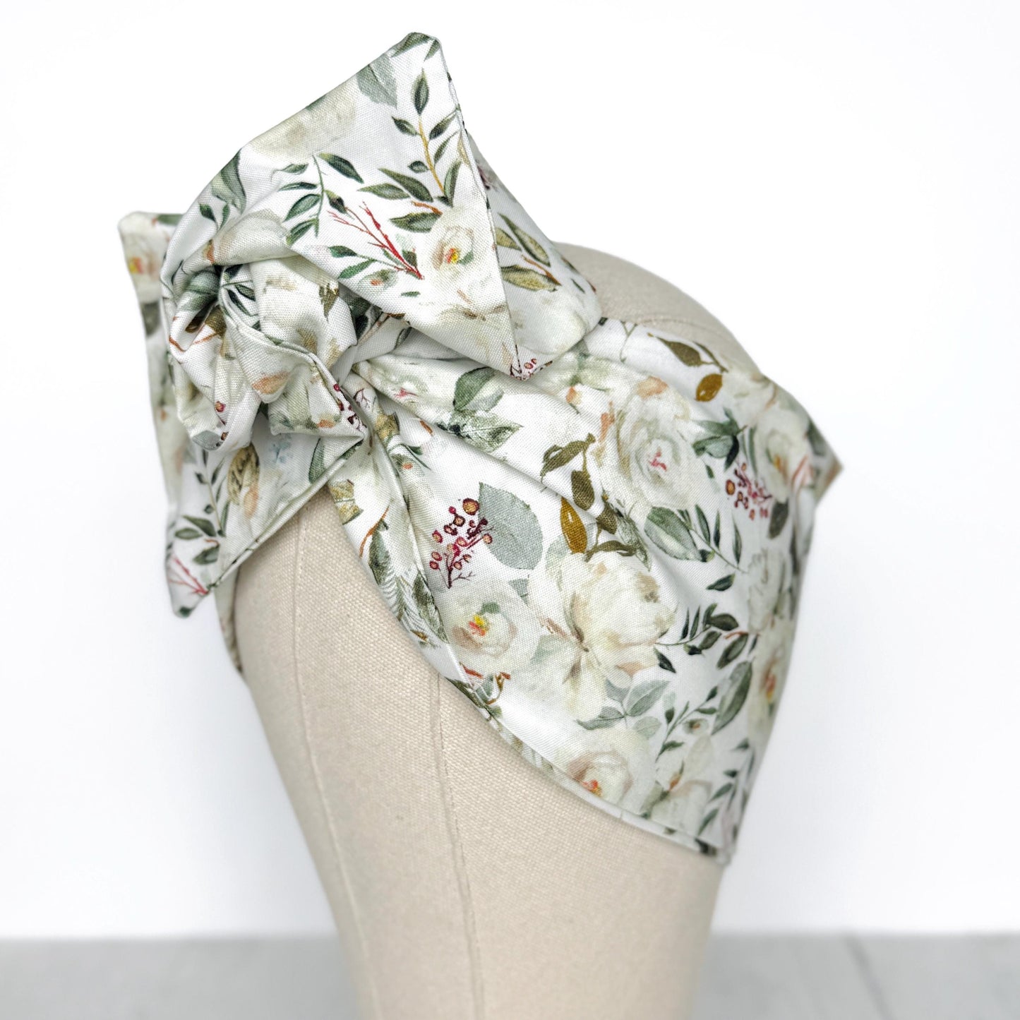 Extra Wide BENDABLE Wire Headband, Elegant White Green Floral Print, Spring Summer Wired Head Wrap, Turban Accessories, Head Scarf Bandana
