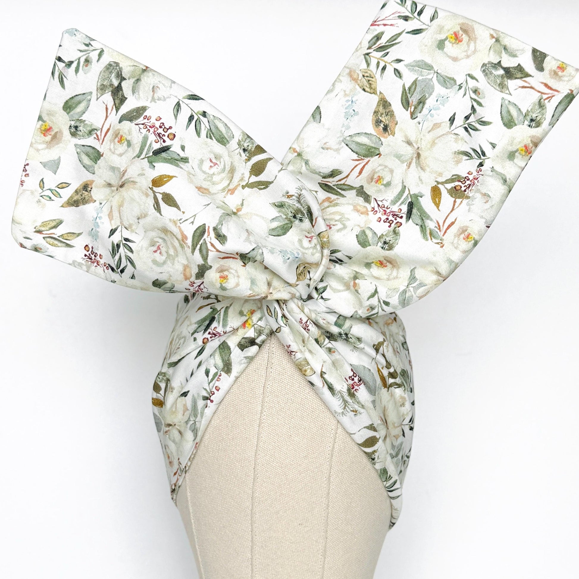 Extra Wide BENDABLE Wire Headband, Elegant White Green Floral Print, Spring Summer Wired Head Wrap, Turban Accessories, Head Scarf Bandana