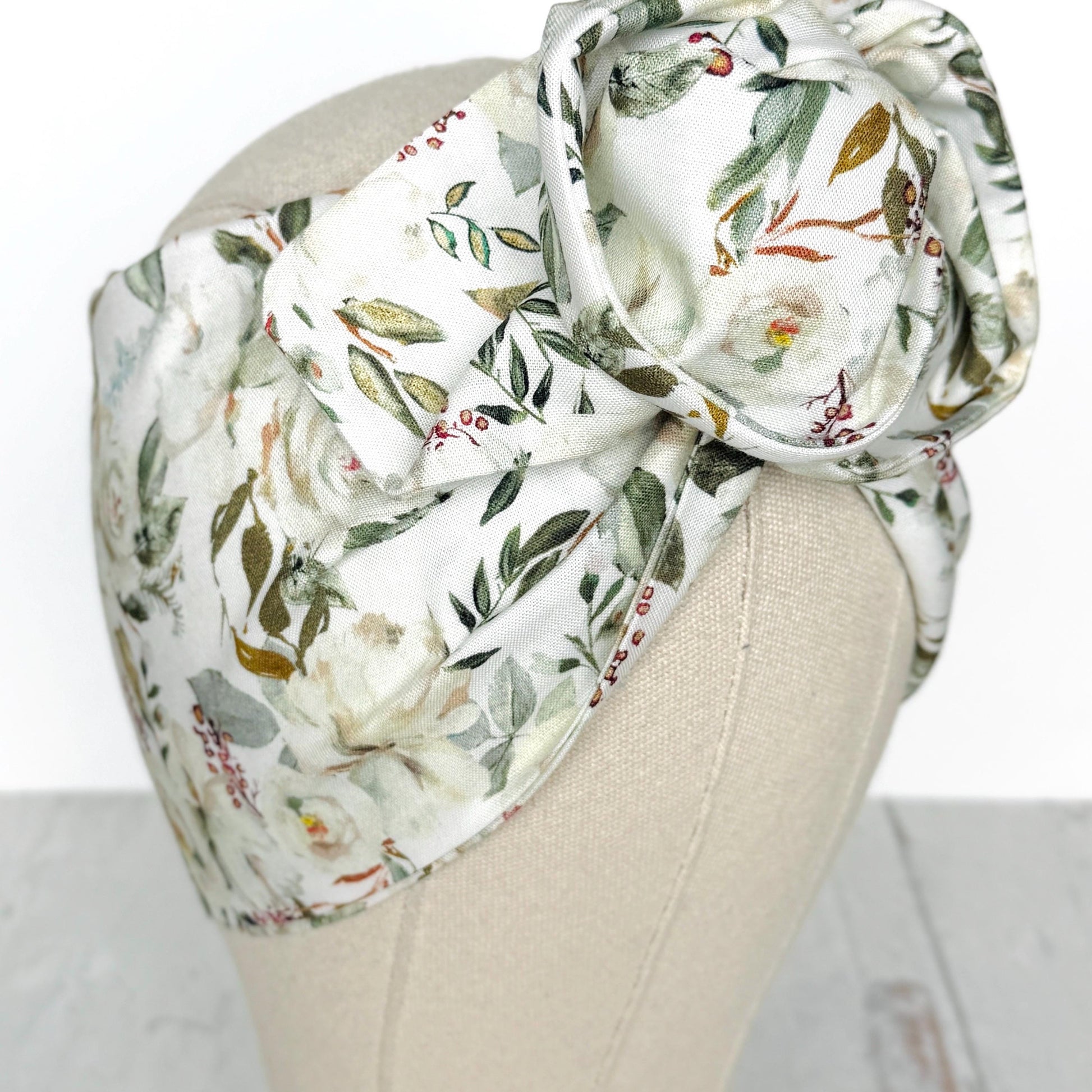 Extra Wide BENDABLE Wire Headband, Elegant White Green Floral Print, Spring Summer Wired Head Wrap, Turban Accessories, Head Scarf Bandana