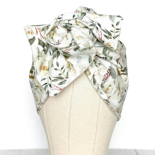 Extra Wide BENDABLE Wire Headband, Elegant White Green Floral Print, Spring Summer Wired Head Wrap, Turban Accessories, Head Scarf Bandana