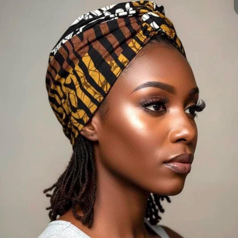 Extra Wide Adjustable Wire Wrap, Ankara Wired Headband, Brown White & Black African Fabric Head Wrap, Ankara Afro Boho Turban