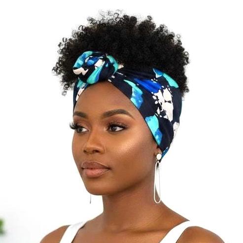 Extra Long Wide Adjustable Wire Wrap, Ankara Wired Headband, Blue & Black African Fabric Head Wrap, Ankara Afro Boho Accessories