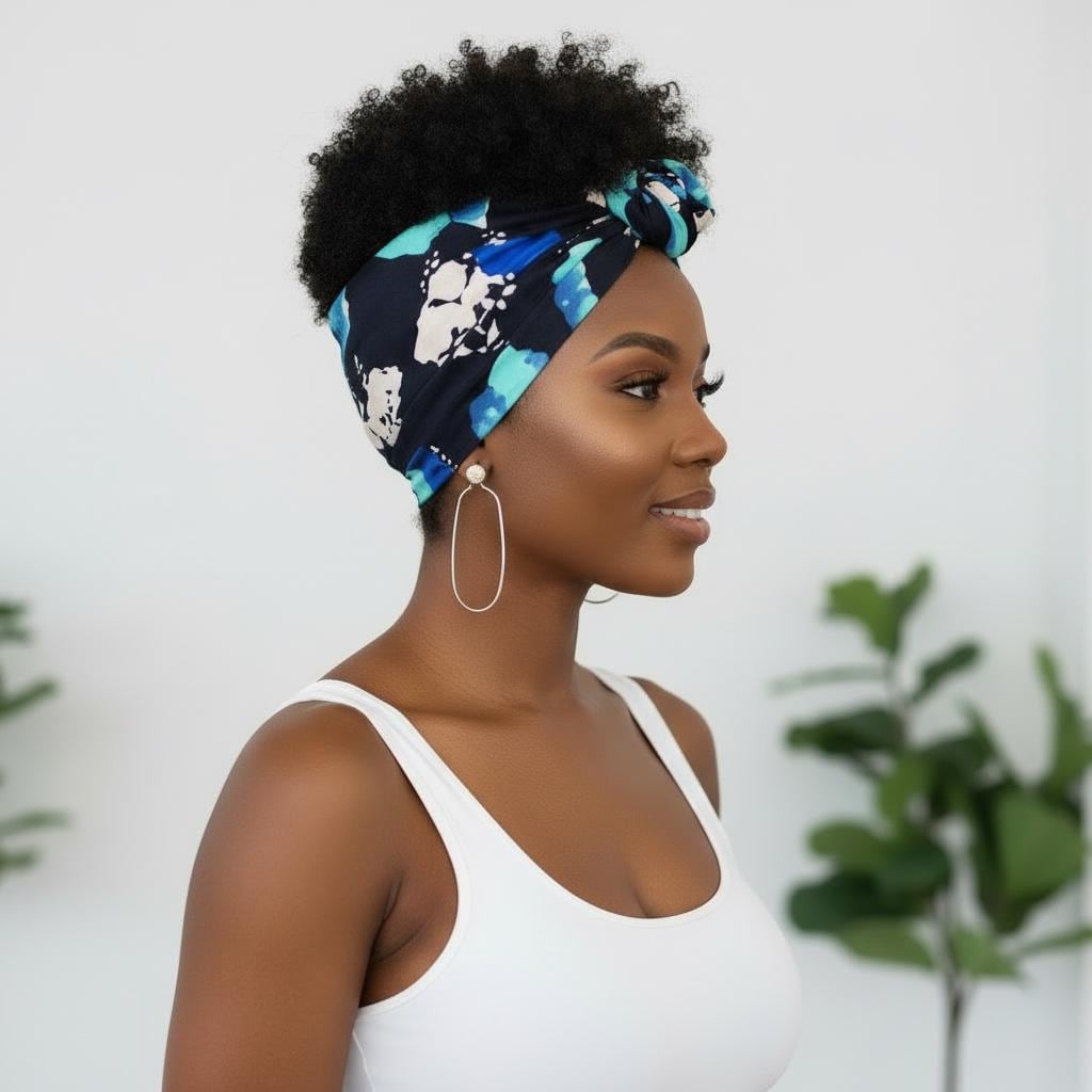 Extra Long Wide Adjustable Wire Wrap, Ankara Wired Headband, Blue & Black African Fabric Head Wrap, Ankara Afro Boho Accessories
