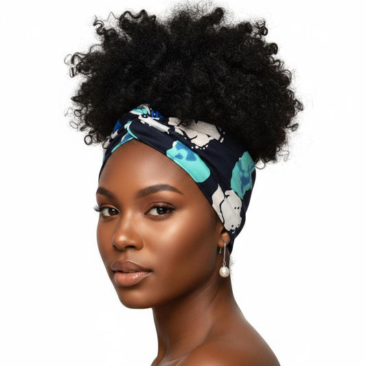 Extra Long Wide Adjustable Wire Wrap, Ankara Wired Headband, Blue & Black African Fabric Head Wrap, Ankara Afro Boho Accessories