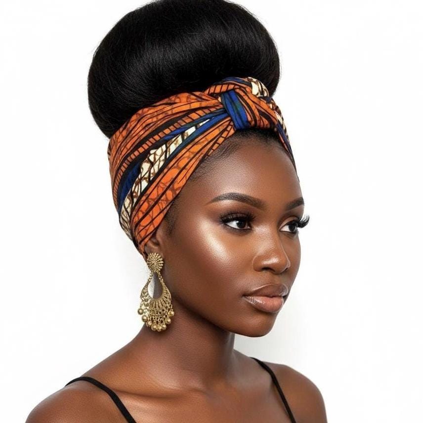 Extra Wide Adjustable Wire Wrap, Ankara Wired Headband, Blue Orange African Fabric Head Wrap, Ankara Afro Boho Turban