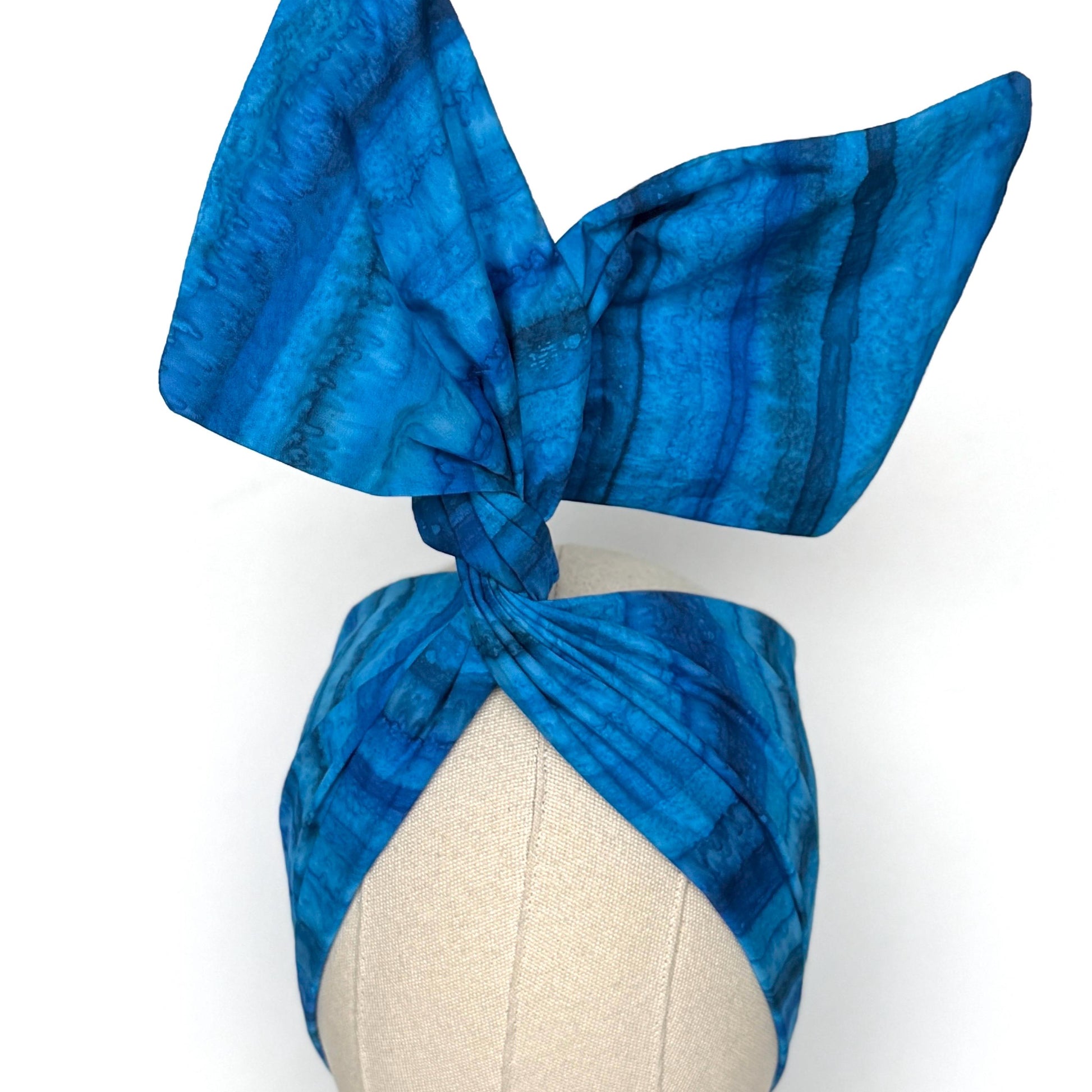 Extra Wide Adjustable Wire Headband, Batik Cobalt Blue Wired Headband, Fabric Turban Head Wrap, No Slip Hair Accessories Scarf