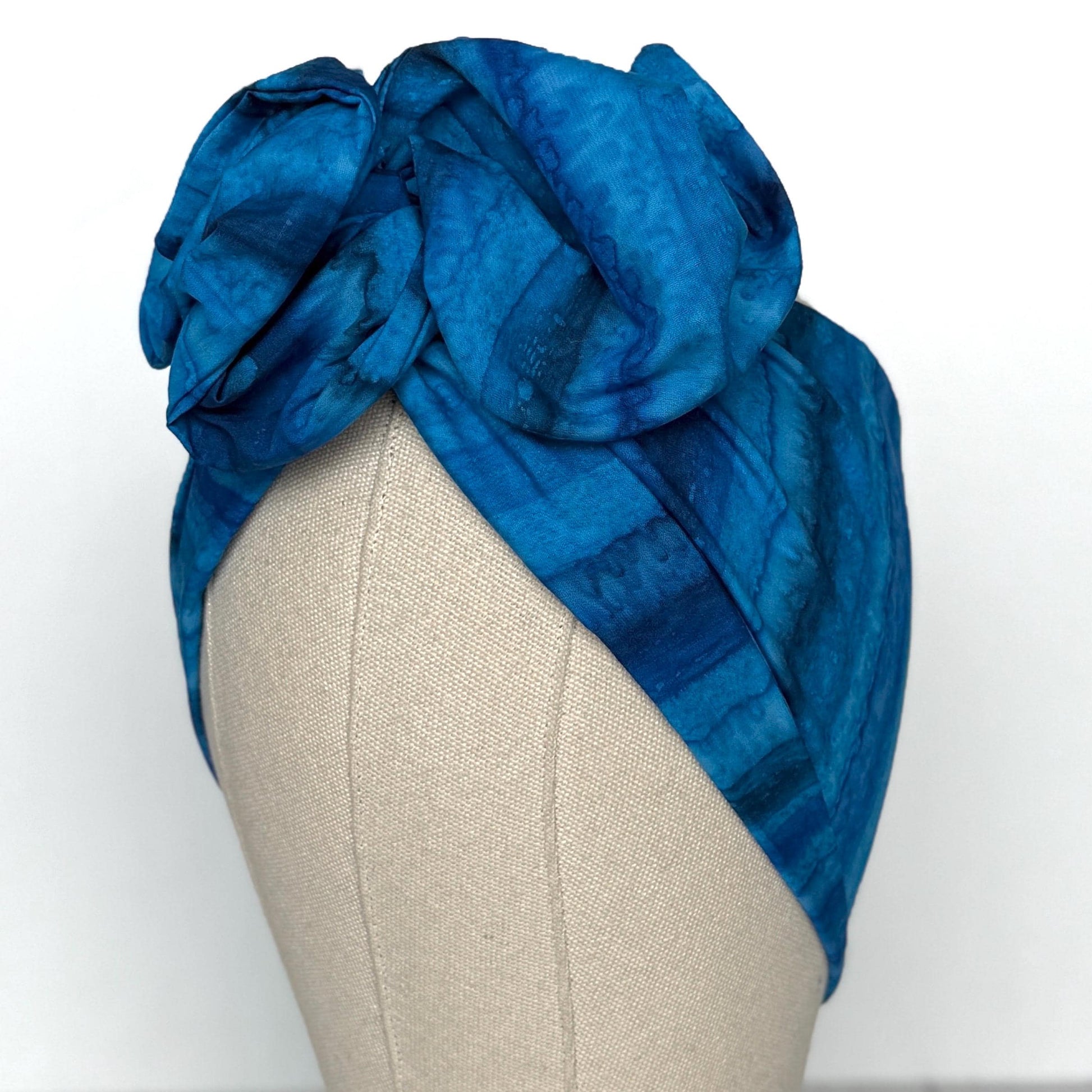 Extra Wide Adjustable Wire Headband, Batik Cobalt Blue Wired Headband, Fabric Turban Head Wrap, No Slip Hair Accessories Scarf