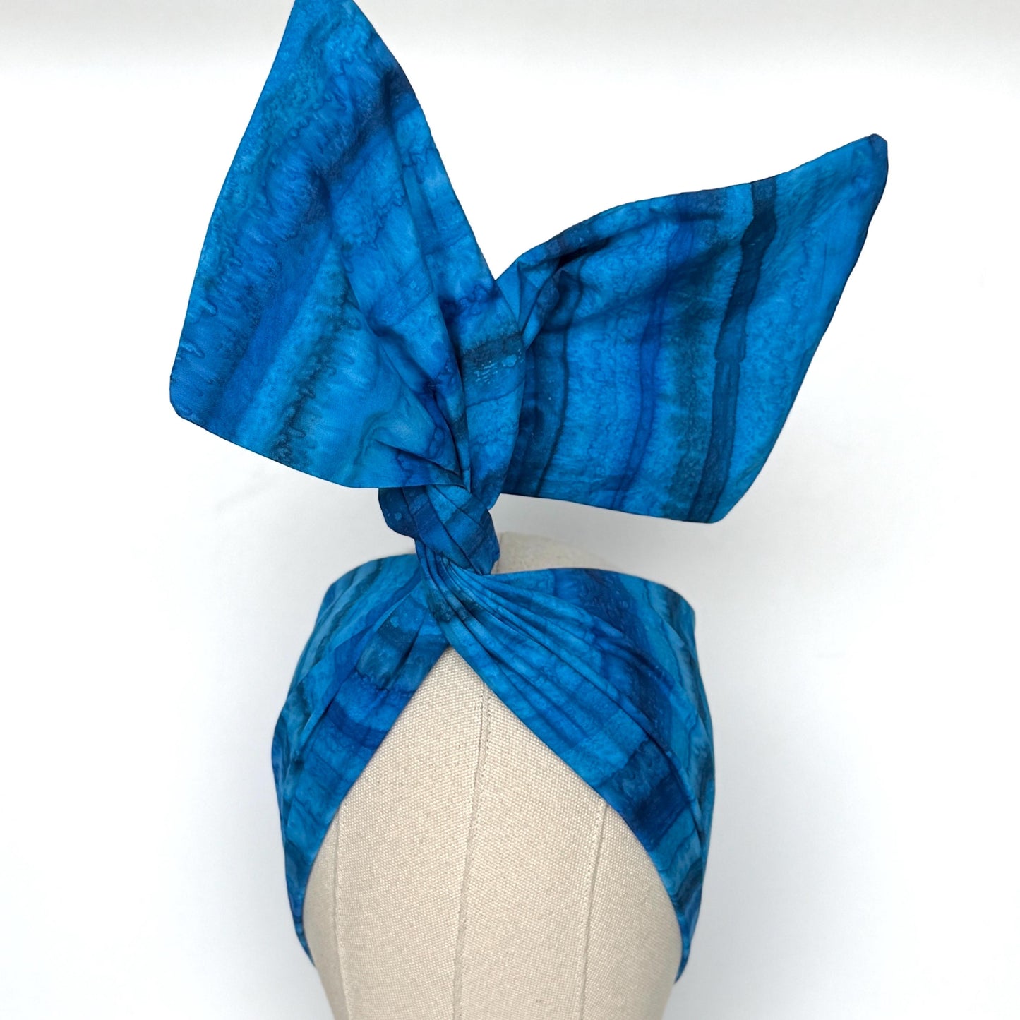 Extra Wide Adjustable Wire Headband, Batik Cobalt Blue Wired Headband, Fabric Turban Head Wrap, No Slip Hair Accessories Scarf