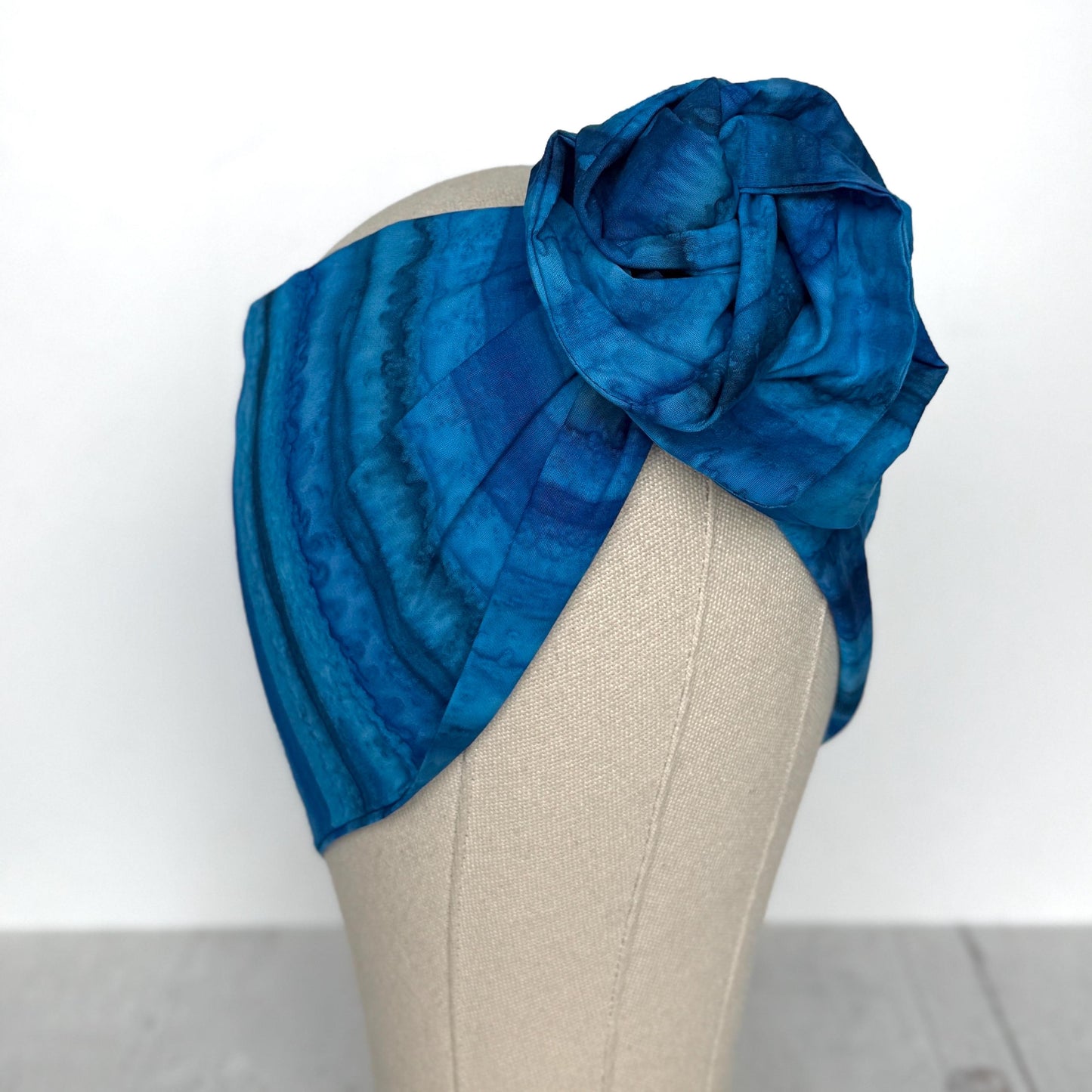 Extra Wide Adjustable Wire Headband, Batik Cobalt Blue Wired Headband, Fabric Turban Head Wrap, No Slip Hair Accessories Scarf