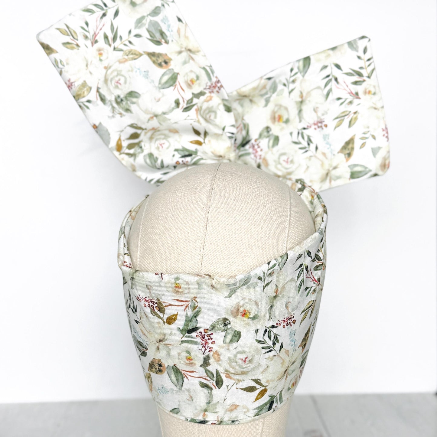 Extra Wide BENDABLE Wire Headband, Elegant White Green Floral Print, Spring Summer Wired Head Wrap, Turban Accessories, Head Scarf Bandana