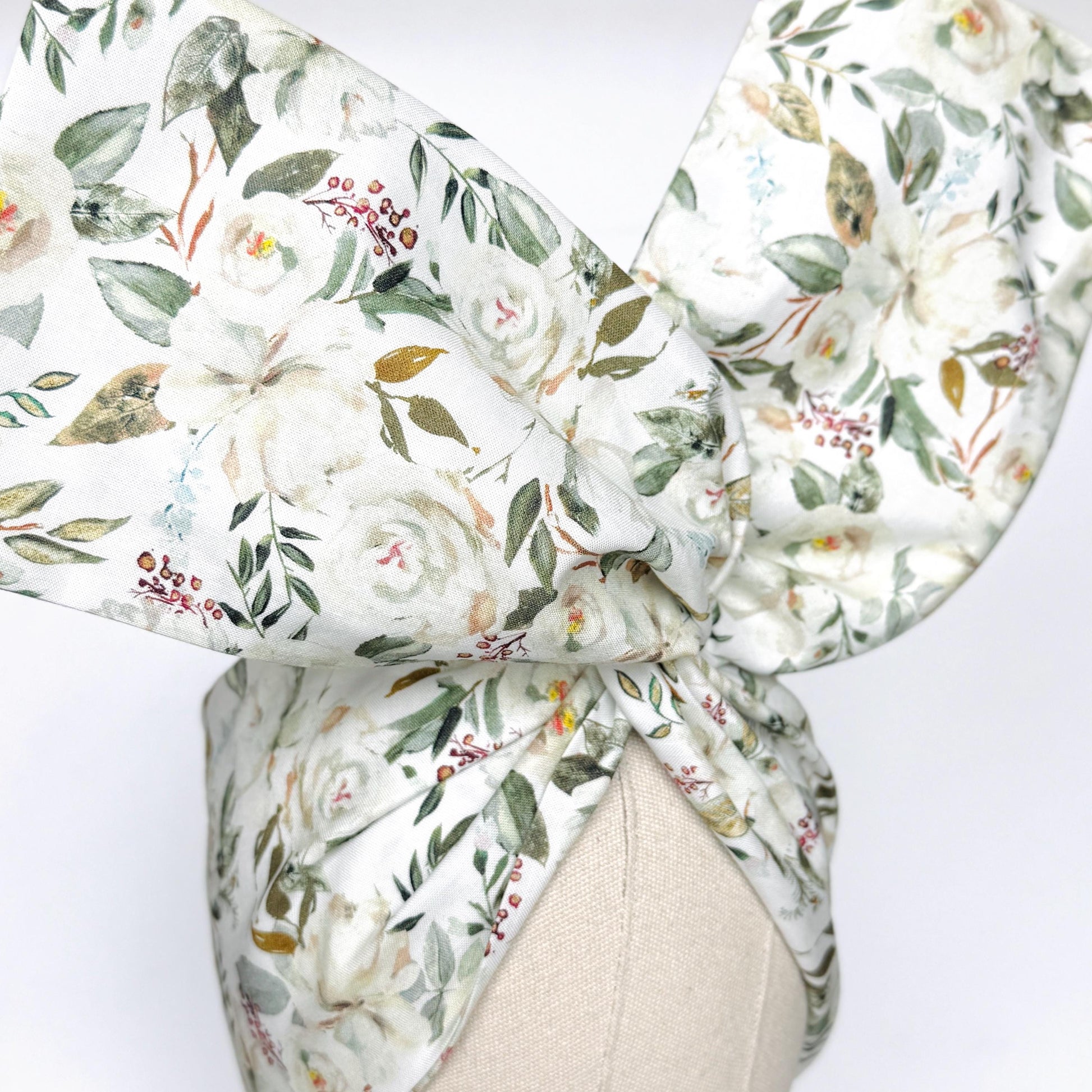 Extra Wide BENDABLE Wire Headband, Elegant White Green Floral Print, Spring Summer Wired Head Wrap, Turban Accessories, Head Scarf Bandana