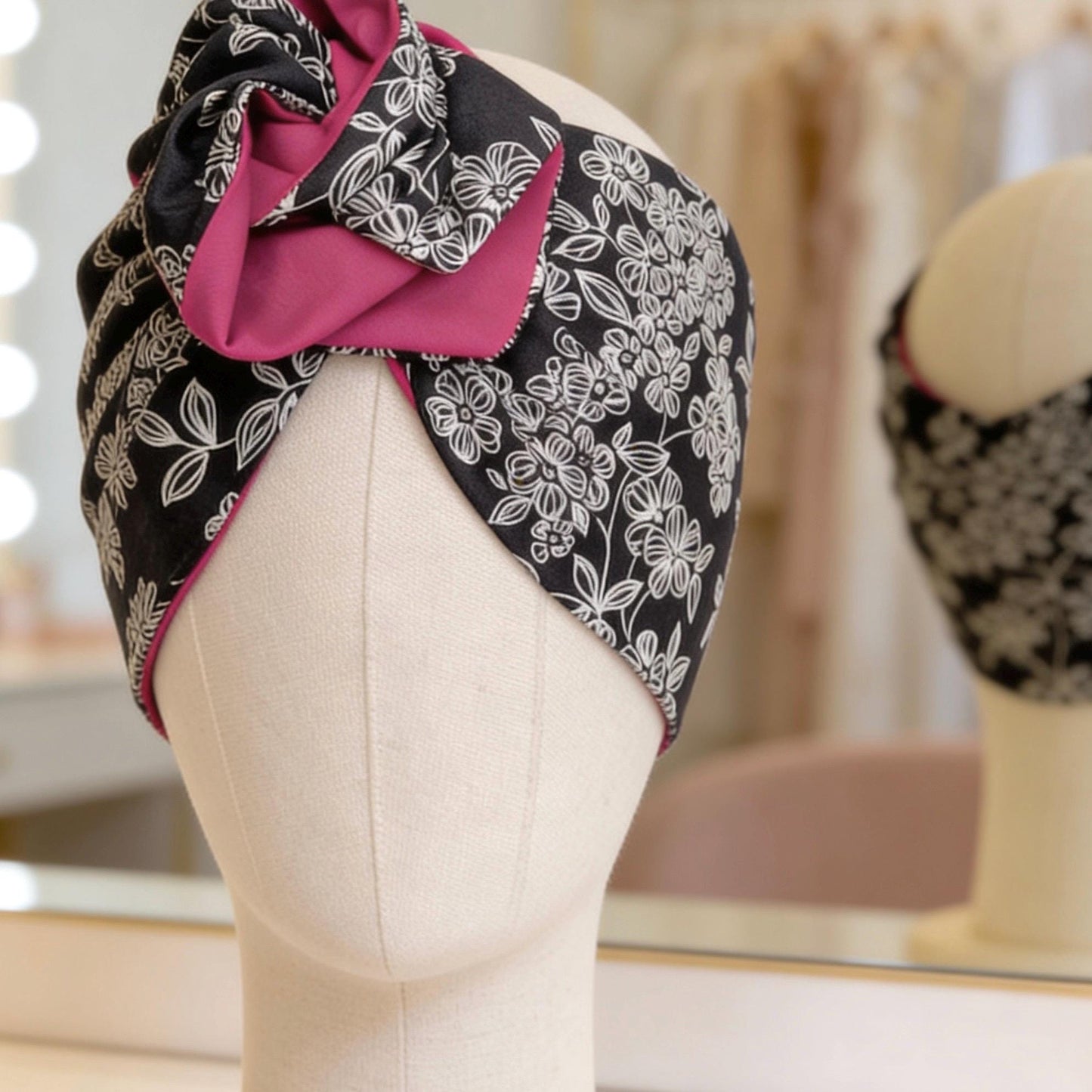 Extra Wide Reversible BENDABLE Wire Headband, Black White Pink Floral Print, Spring Summer Wired Head Wrap, Turban Accessories, Head Scarf
