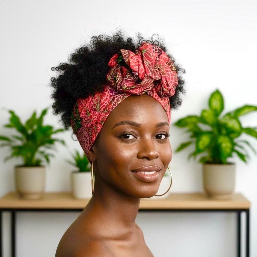 Extra Long & Wide BENDABLE Wire Head Wrap, Boho Red Pink Leaf Print Wired Headband and Turban, Hair Wrap Gift For Her, Head Scarf