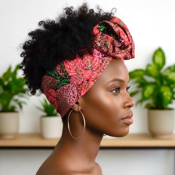 Extra Long & Wide BENDABLE Wire Head Wrap, Boho Red Pink Leaf Print Wired Headband and Turban, Hair Wrap Gift For Her, Head Scarf