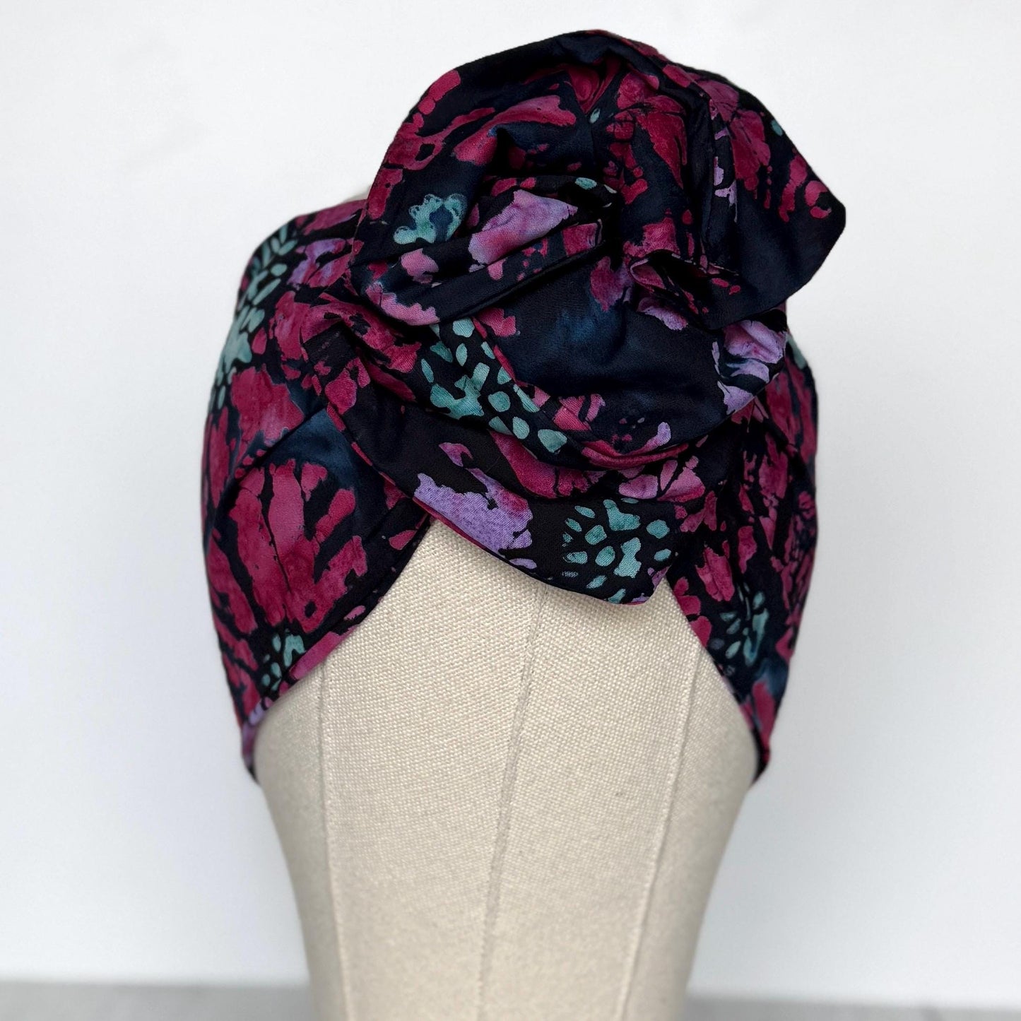 MIDI Extra Wide Adjustable Wire Head Wrap, Navy Blue Pink Batik Floral Headband, Head Scarf For Women, Turban, Hair Accessories