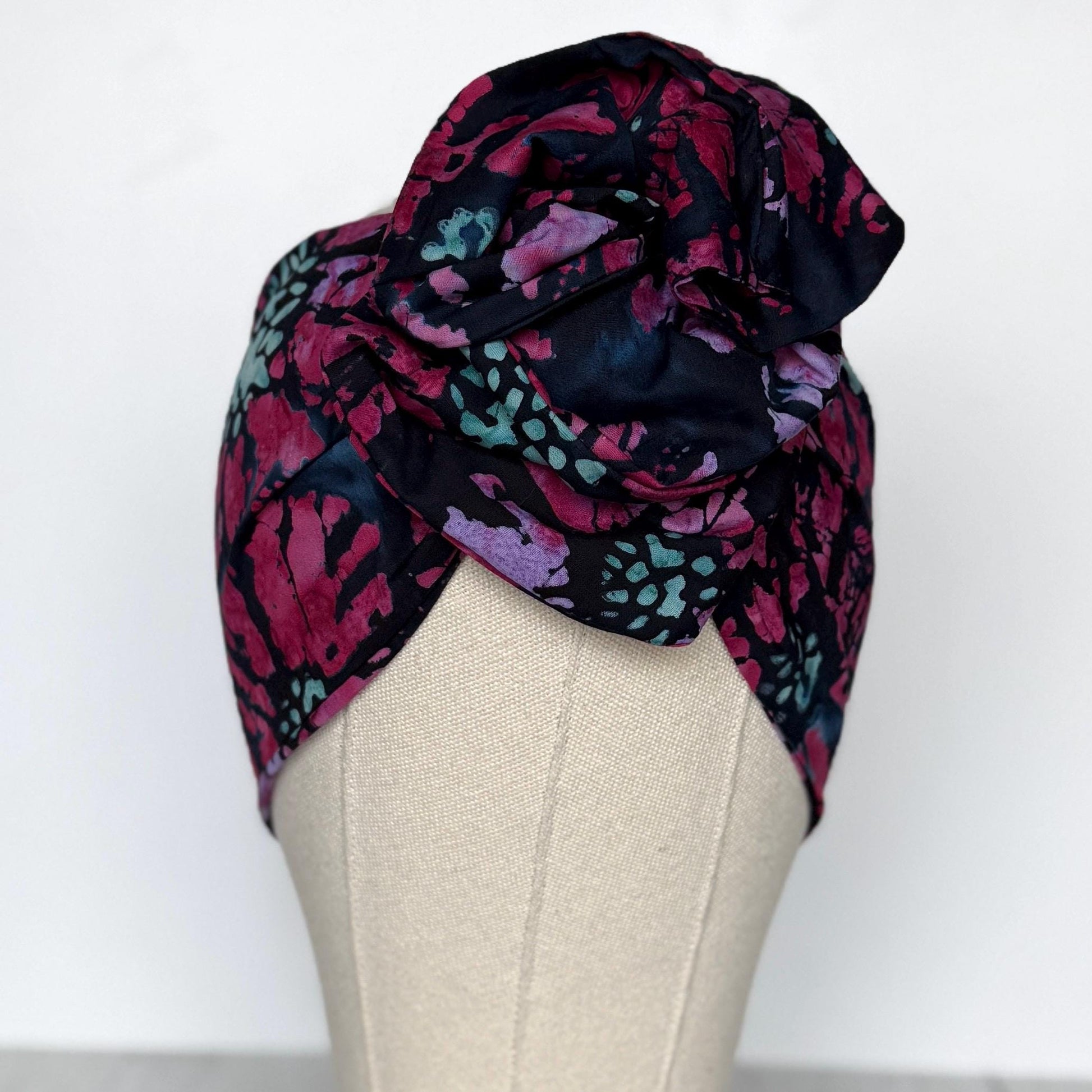MIDI Extra Wide Adjustable Wire Head Wrap, Navy Blue Pink Batik Floral Headband, Head Scarf For Women, Turban, Hair Accessories