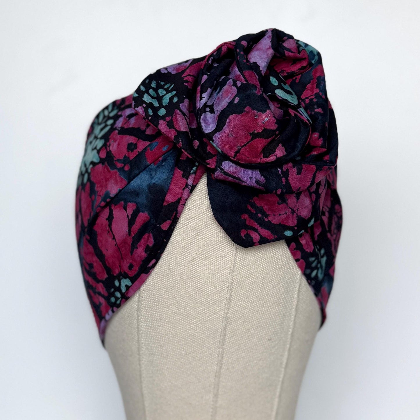 MIDI Extra Wide Adjustable Wire Head Wrap, Navy Blue Pink Batik Floral Headband, Head Scarf For Women, Turban, Hair Accessories