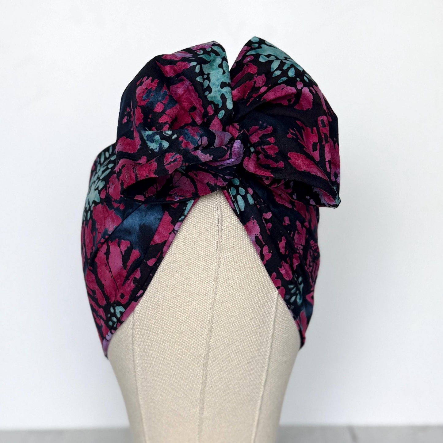 MIDI Extra Wide Adjustable Wire Head Wrap, Navy Blue Pink Batik Floral Headband, Head Scarf For Women, Turban, Hair Accessories