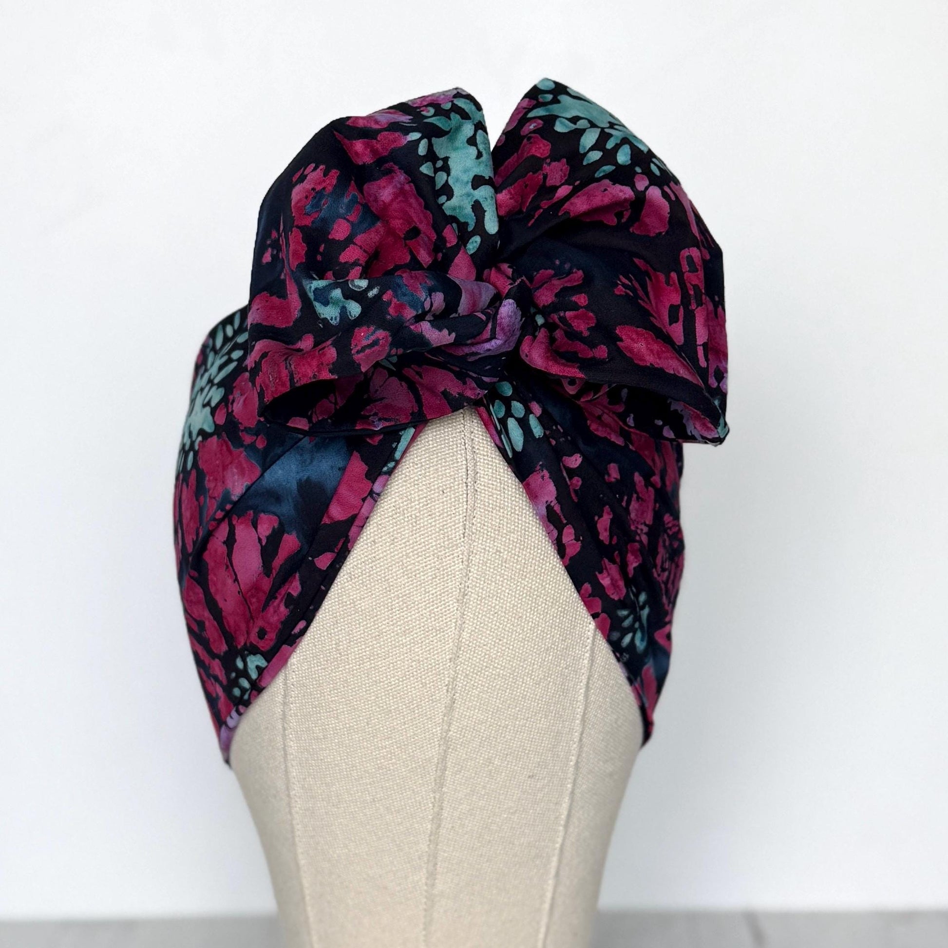 MIDI Extra Wide Adjustable Wire Head Wrap, Navy Blue Pink Batik Floral Headband, Head Scarf For Women, Turban, Hair Accessories