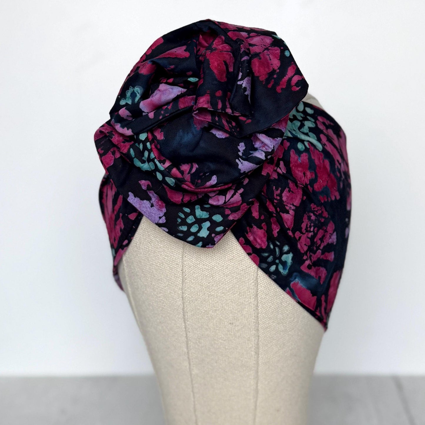 MIDI Extra Wide Adjustable Wire Head Wrap, Navy Blue Pink Batik Floral Headband, Head Scarf For Women, Turban, Hair Accessories