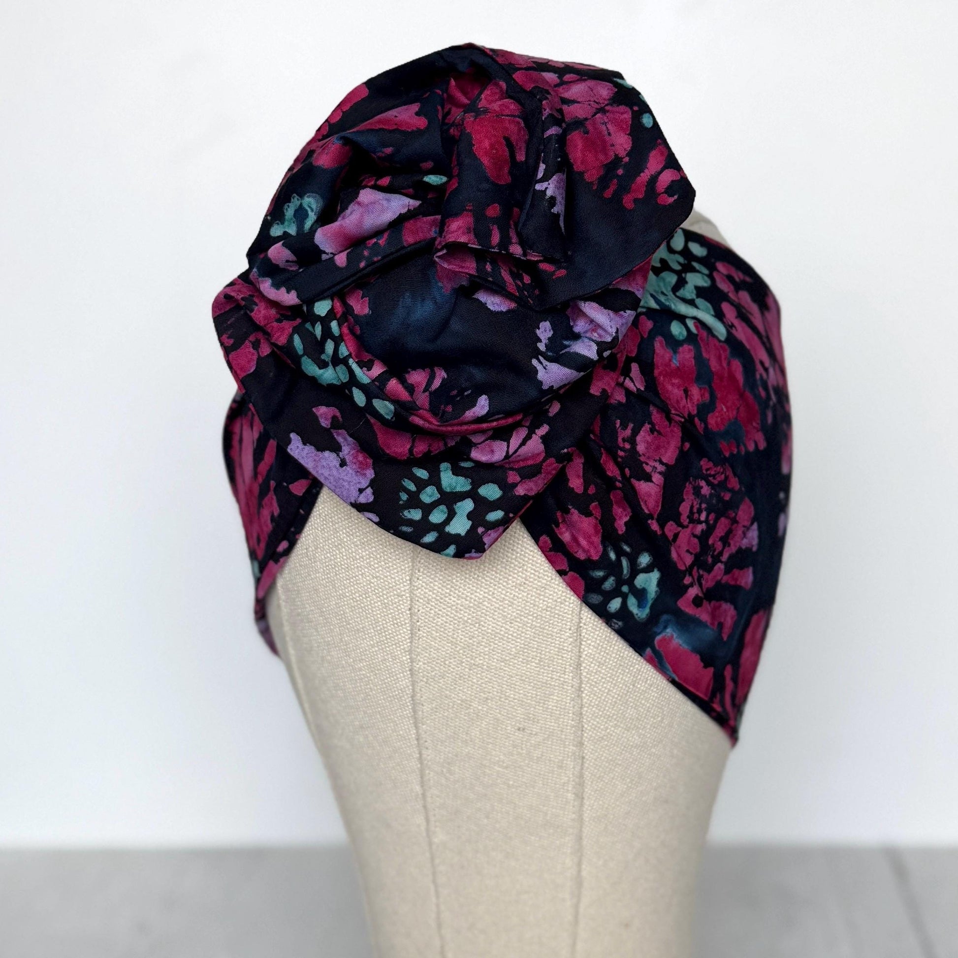 MIDI Extra Wide Adjustable Wire Head Wrap, Navy Blue Pink Batik Floral Headband, Head Scarf For Women, Turban, Hair Accessories