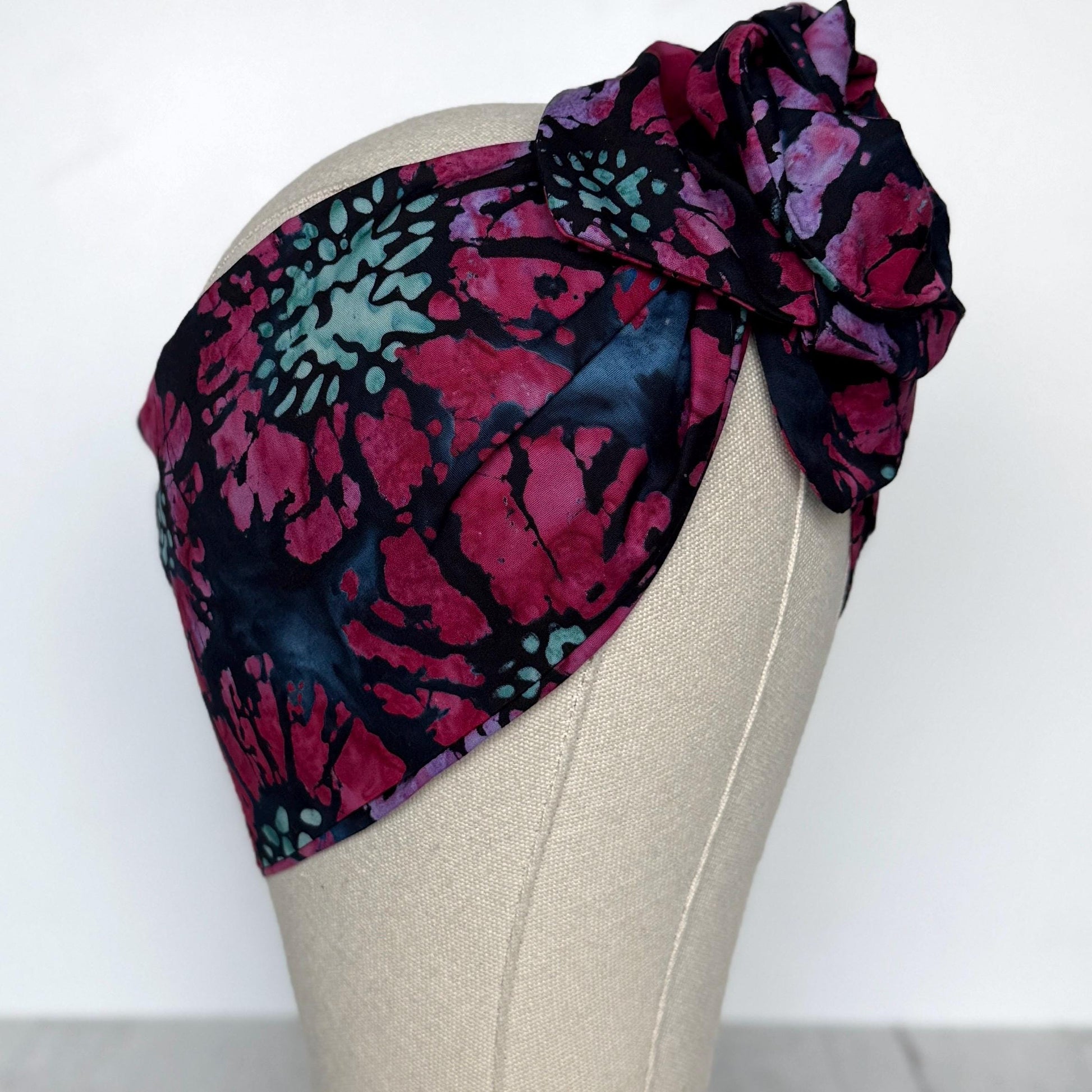 MIDI Extra Wide Adjustable Wire Head Wrap, Navy Blue Pink Batik Floral Headband, Head Scarf For Women, Turban, Hair Accessories