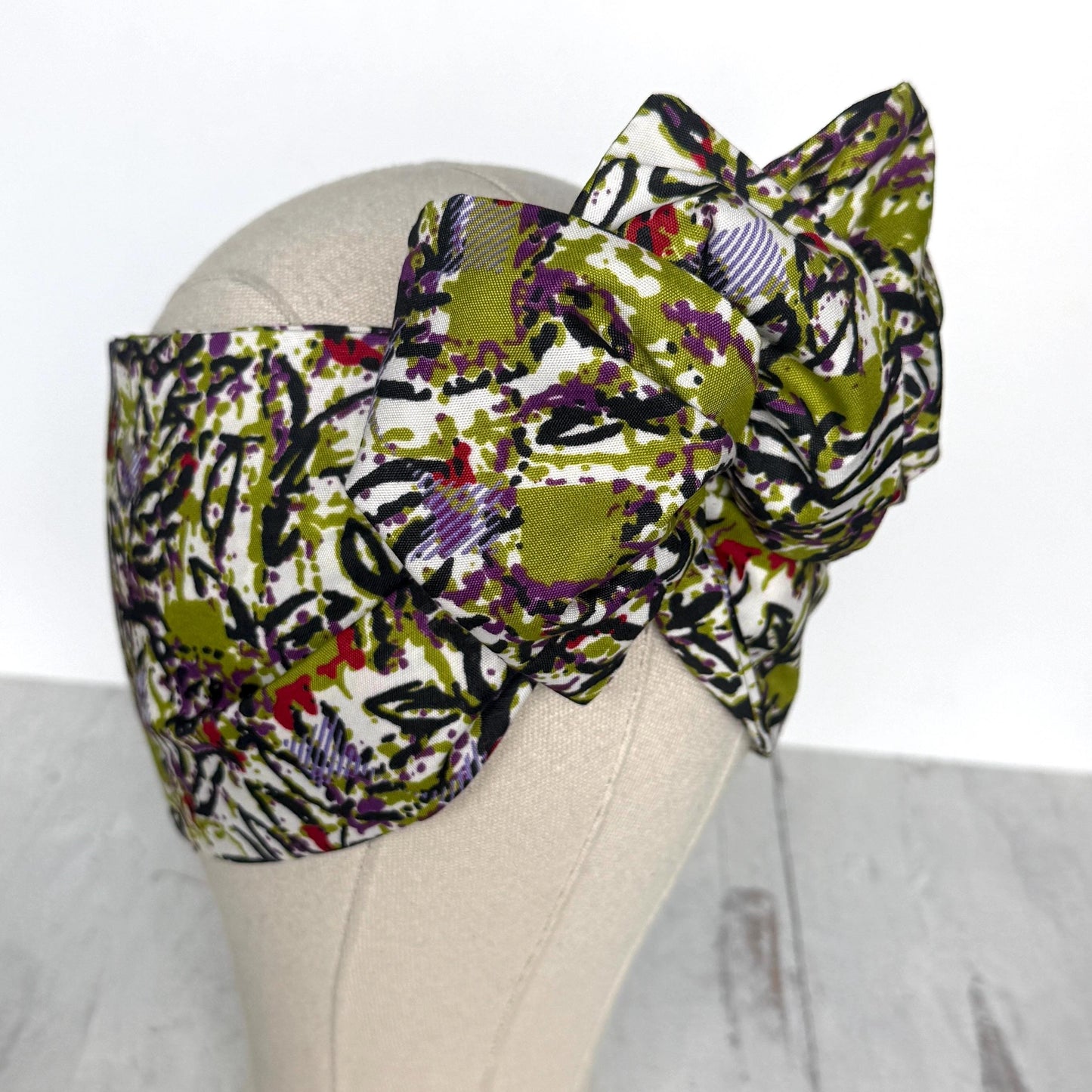 Extra Wide Adjustable Wire Wrap, Black White Green Purple Abstract Print Wired Headband, Fabric Head Wrap, Boho Head Scarf Accessories