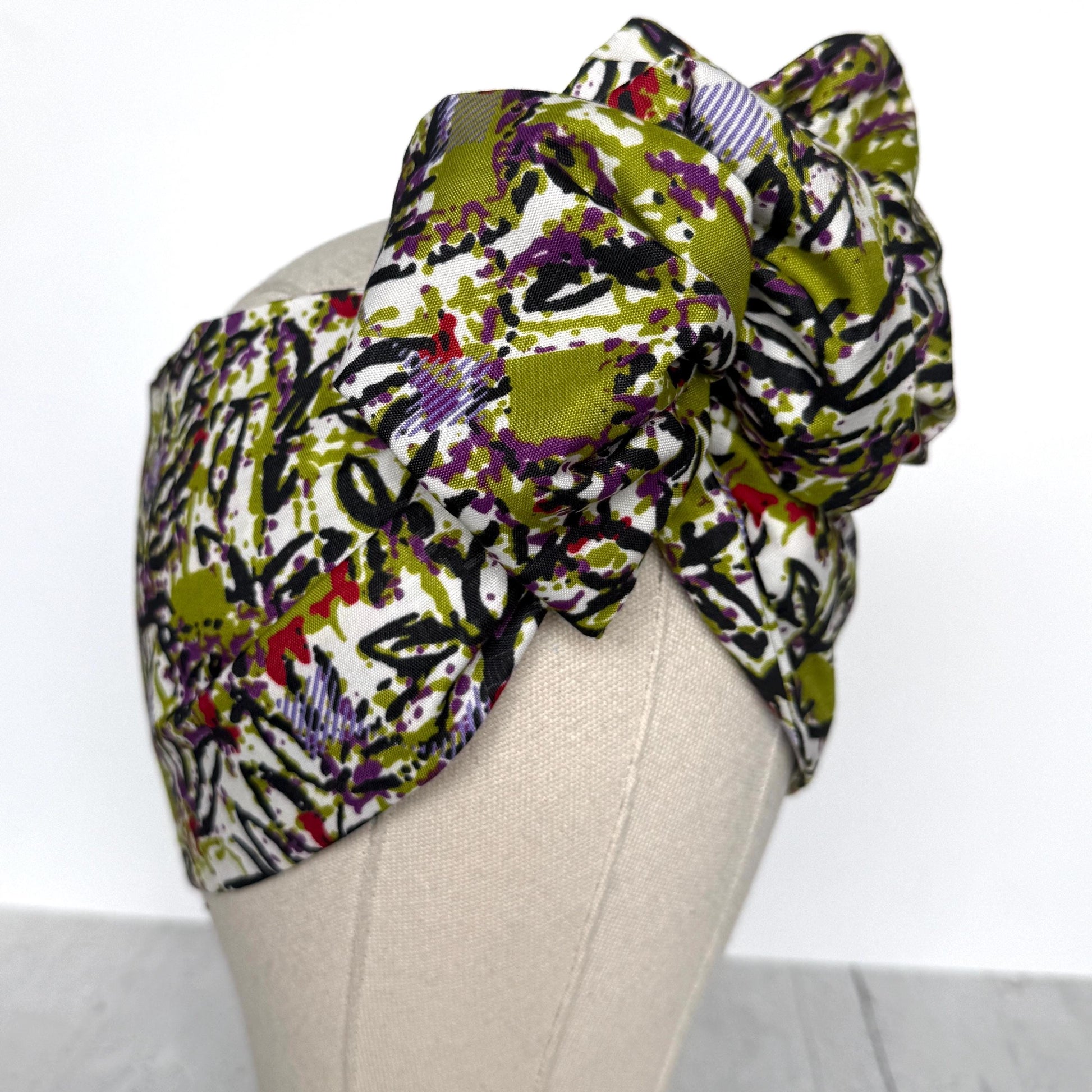 Extra Wide Adjustable Wire Wrap, Black White Green Purple Abstract Print Wired Headband, Fabric Head Wrap, Boho Head Scarf Accessories