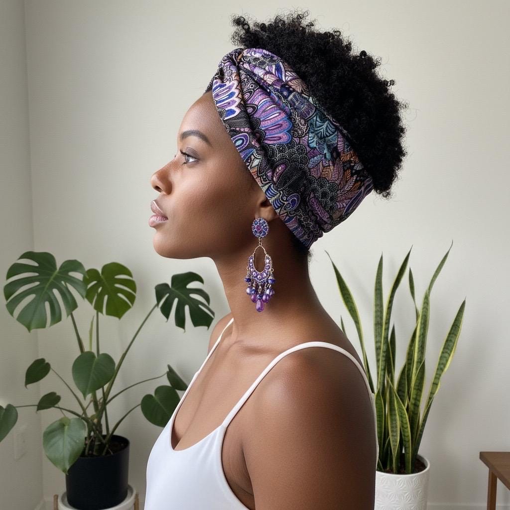 Extra Wide Adjustable Wire Wrap, Black Purple Boho Feather Print Wired Headband, Fabric Head Wrap, Boho Head Scarf Accessories