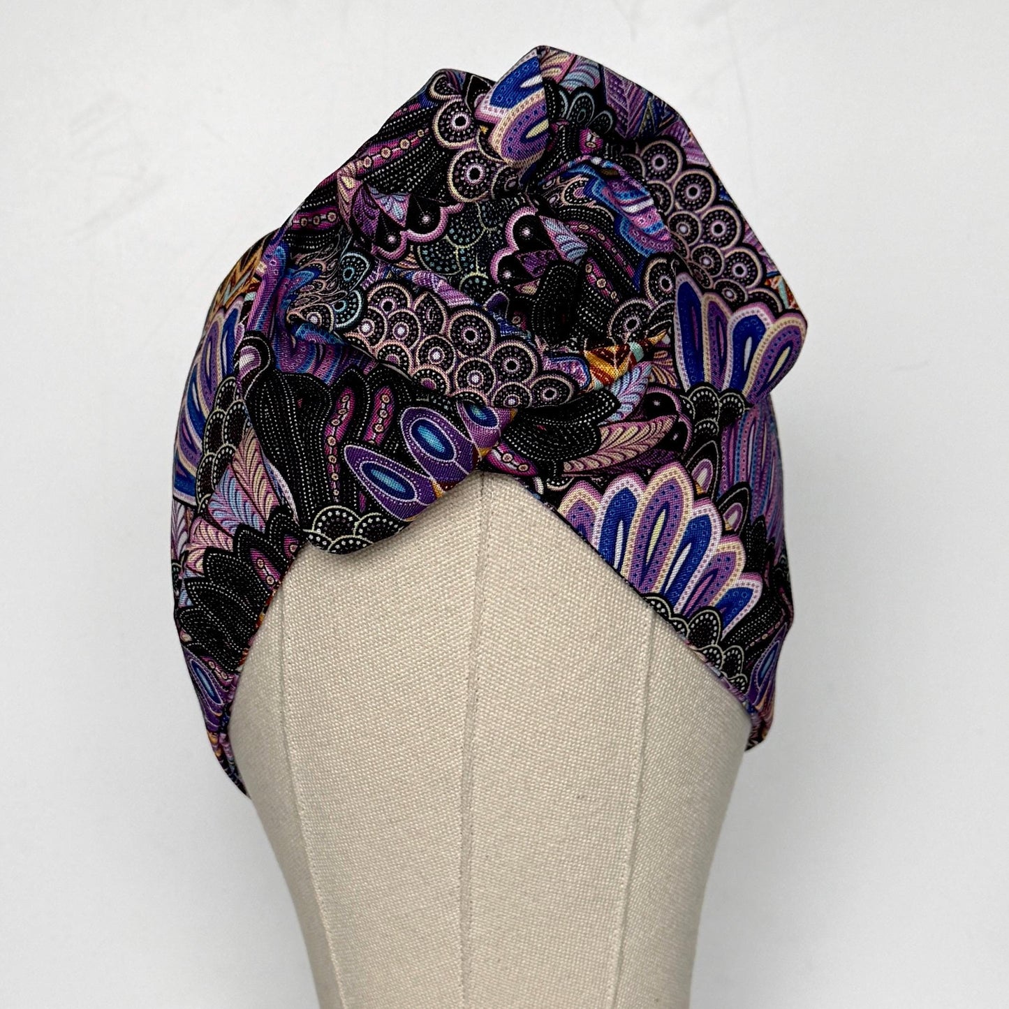 Extra Wide Adjustable Wire Wrap, Black Purple Boho Feather Print Wired Headband, Fabric Head Wrap, Boho Head Scarf Accessories