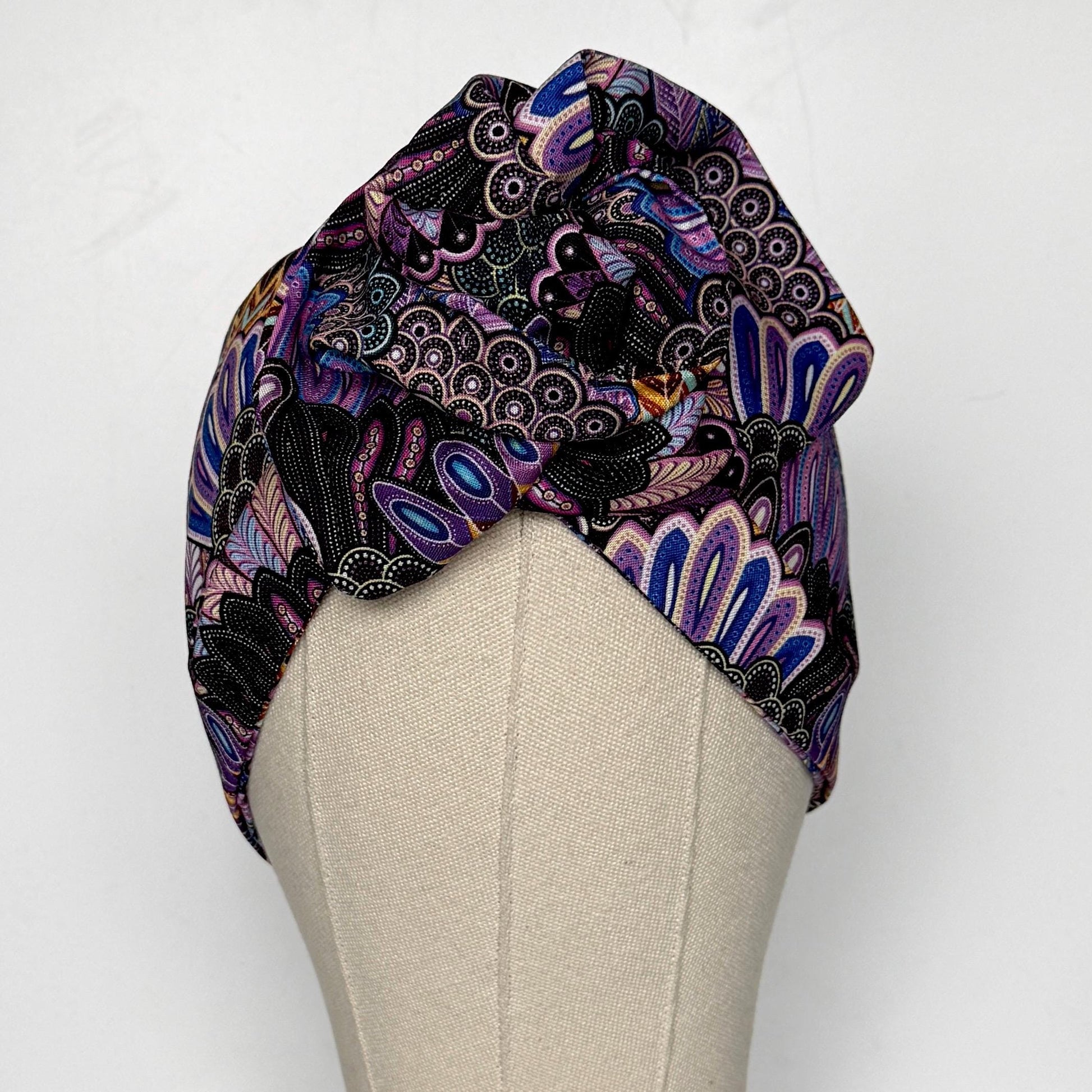 Extra Wide Adjustable Wire Wrap, Black Purple Boho Feather Print Wired Headband, Fabric Head Wrap, Boho Head Scarf Accessories