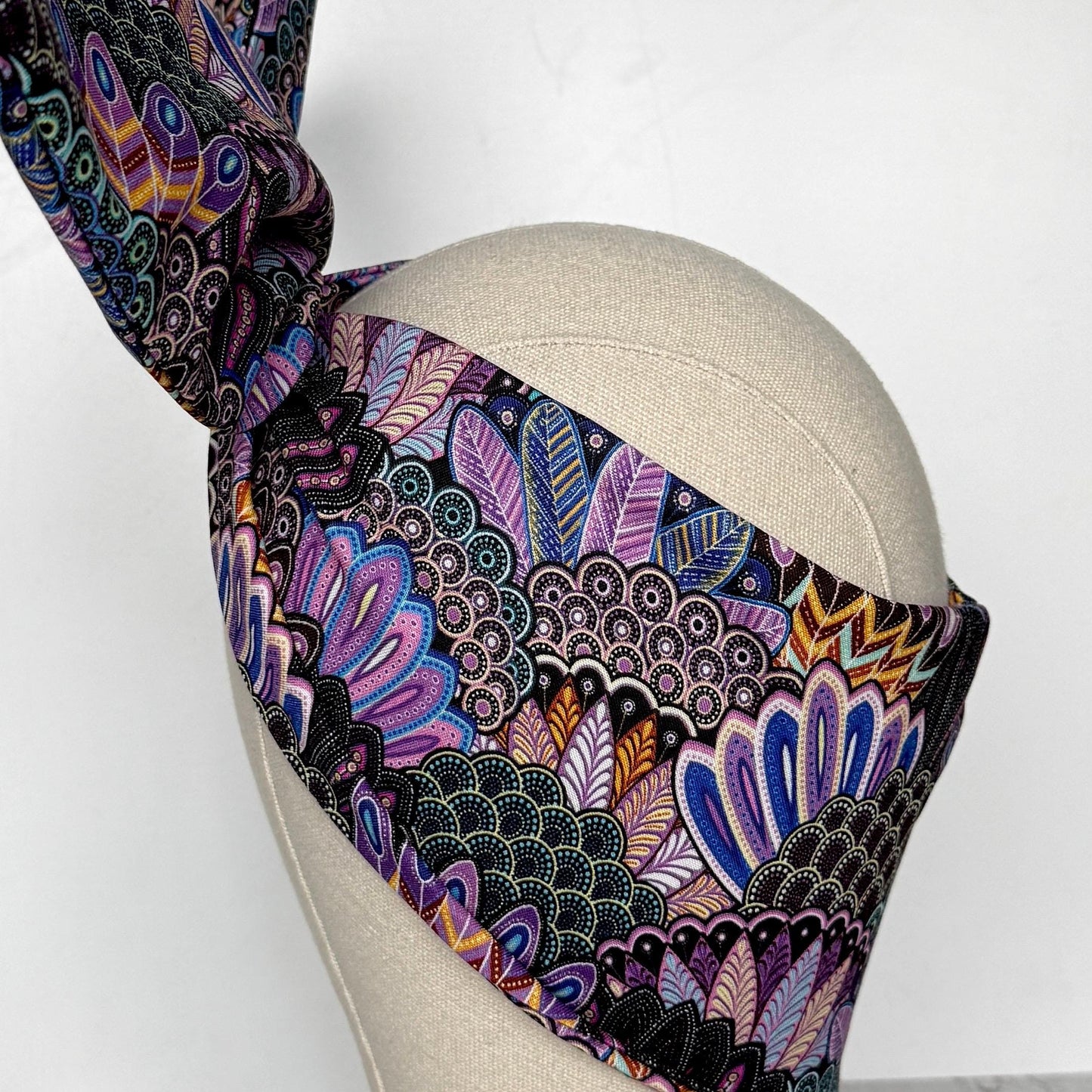 Extra Wide Adjustable Wire Wrap, Black Purple Boho Feather Print Wired Headband, Fabric Head Wrap, Boho Head Scarf Accessories