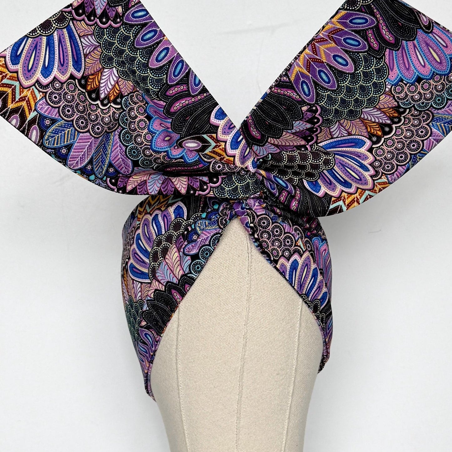 Extra Wide Adjustable Wire Wrap, Black Purple Boho Feather Print Wired Headband, Fabric Head Wrap, Boho Head Scarf Accessories