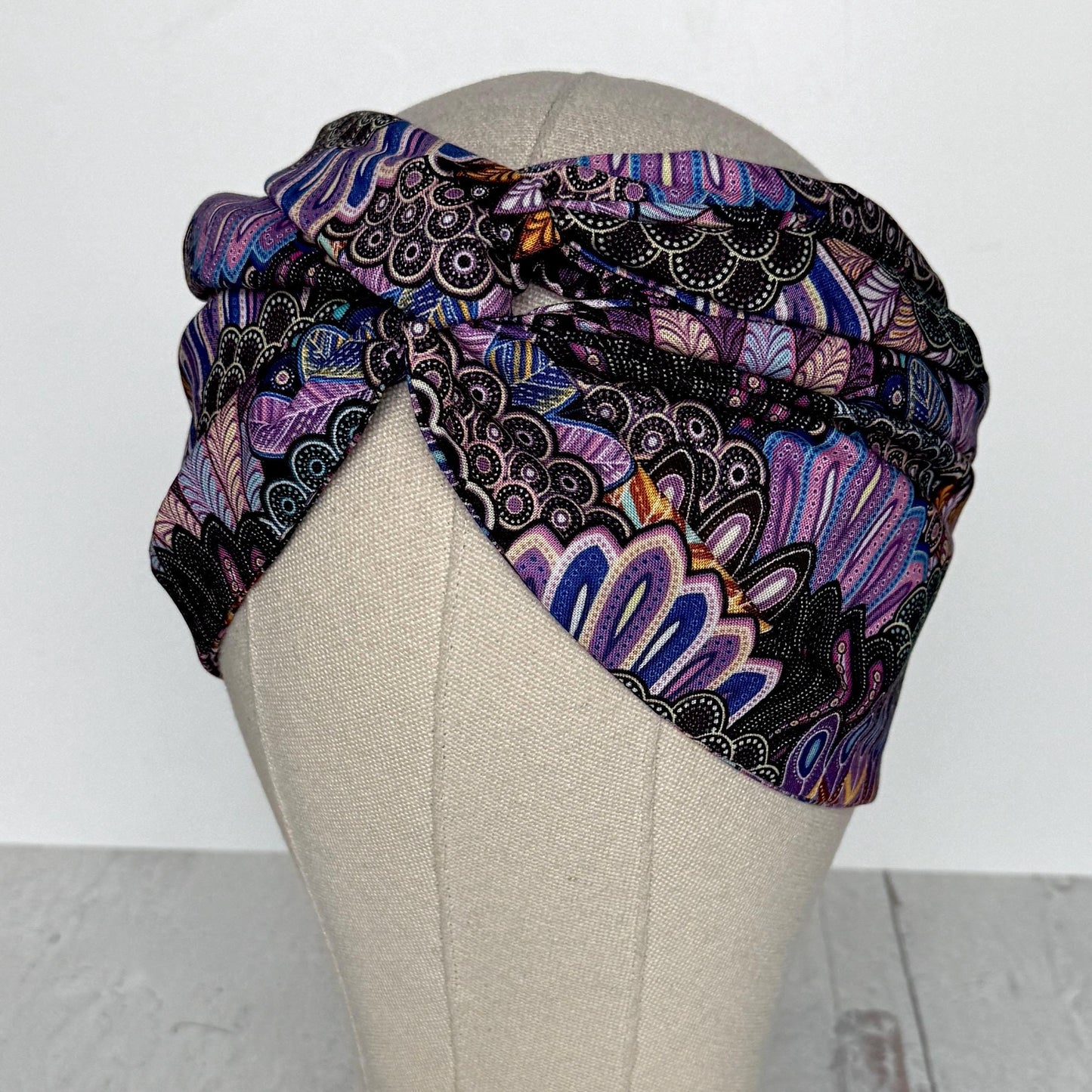 Extra Wide Adjustable Wire Wrap, Black Purple Boho Feather Print Wired Headband, Fabric Head Wrap, Boho Head Scarf Accessories