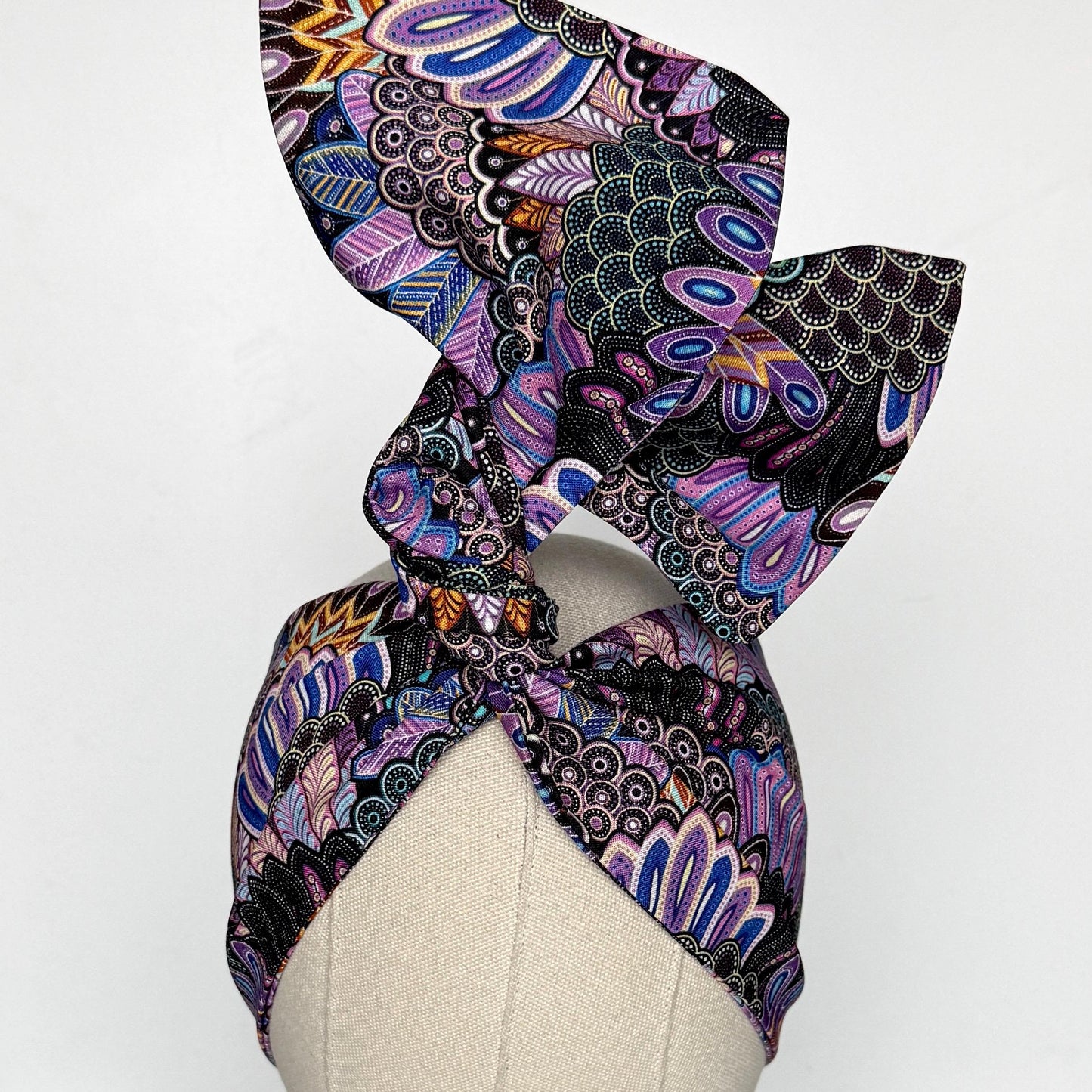 Extra Wide Adjustable Wire Wrap, Black Purple Boho Feather Print Wired Headband, Fabric Head Wrap, Boho Head Scarf Accessories