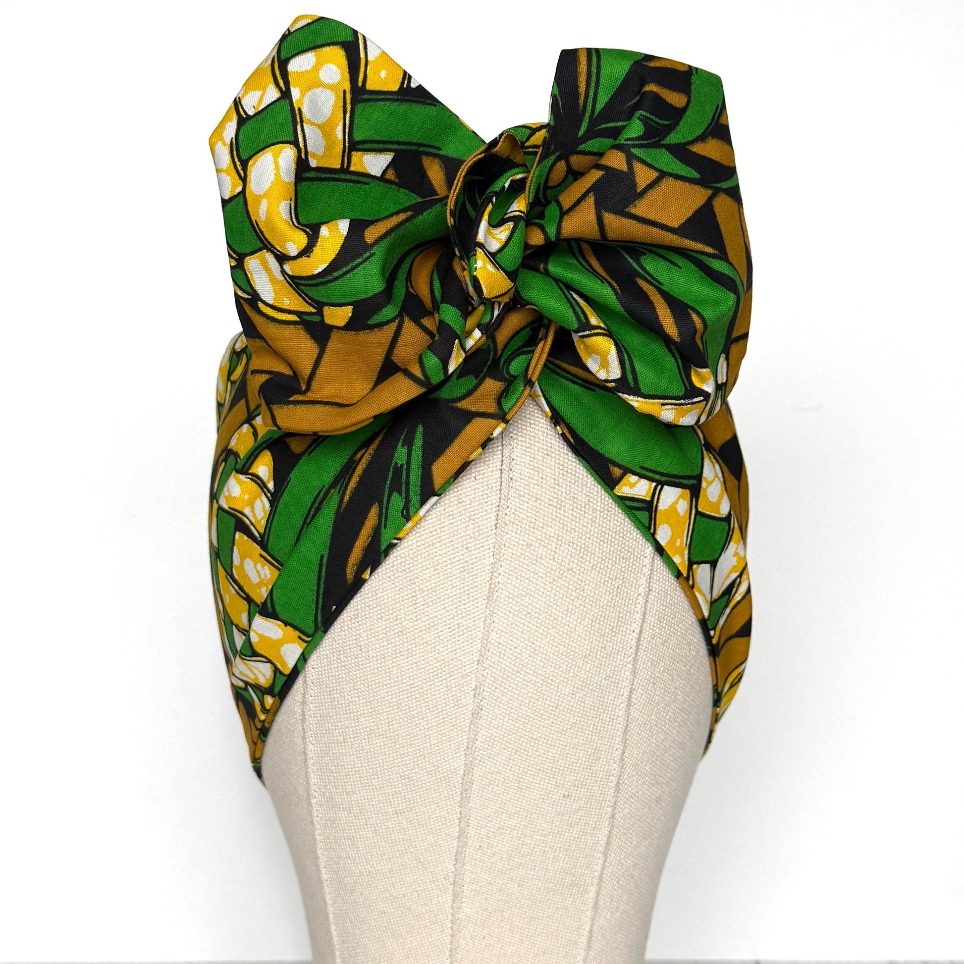 Extra Wide Adjustable Wire Wrap, Ankara Wired Headband, Green Tan Black African Fabric Head Wrap, Ankara Afro Boho Accessories