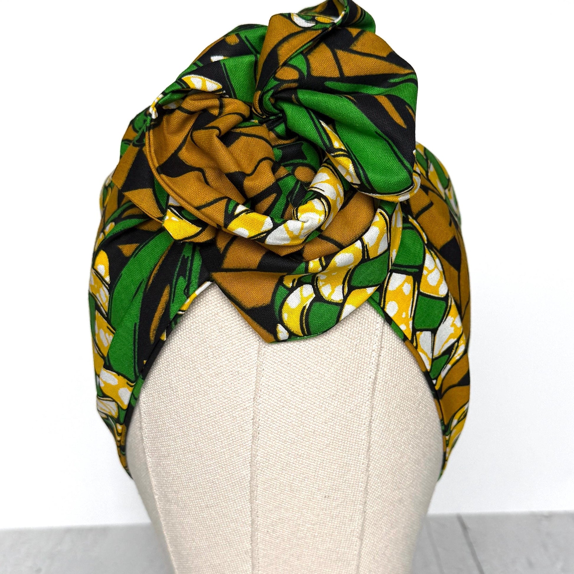 Extra Wide Adjustable Wire Wrap, Ankara Wired Headband, Green Tan Black African Fabric Head Wrap, Ankara Afro Boho Accessories