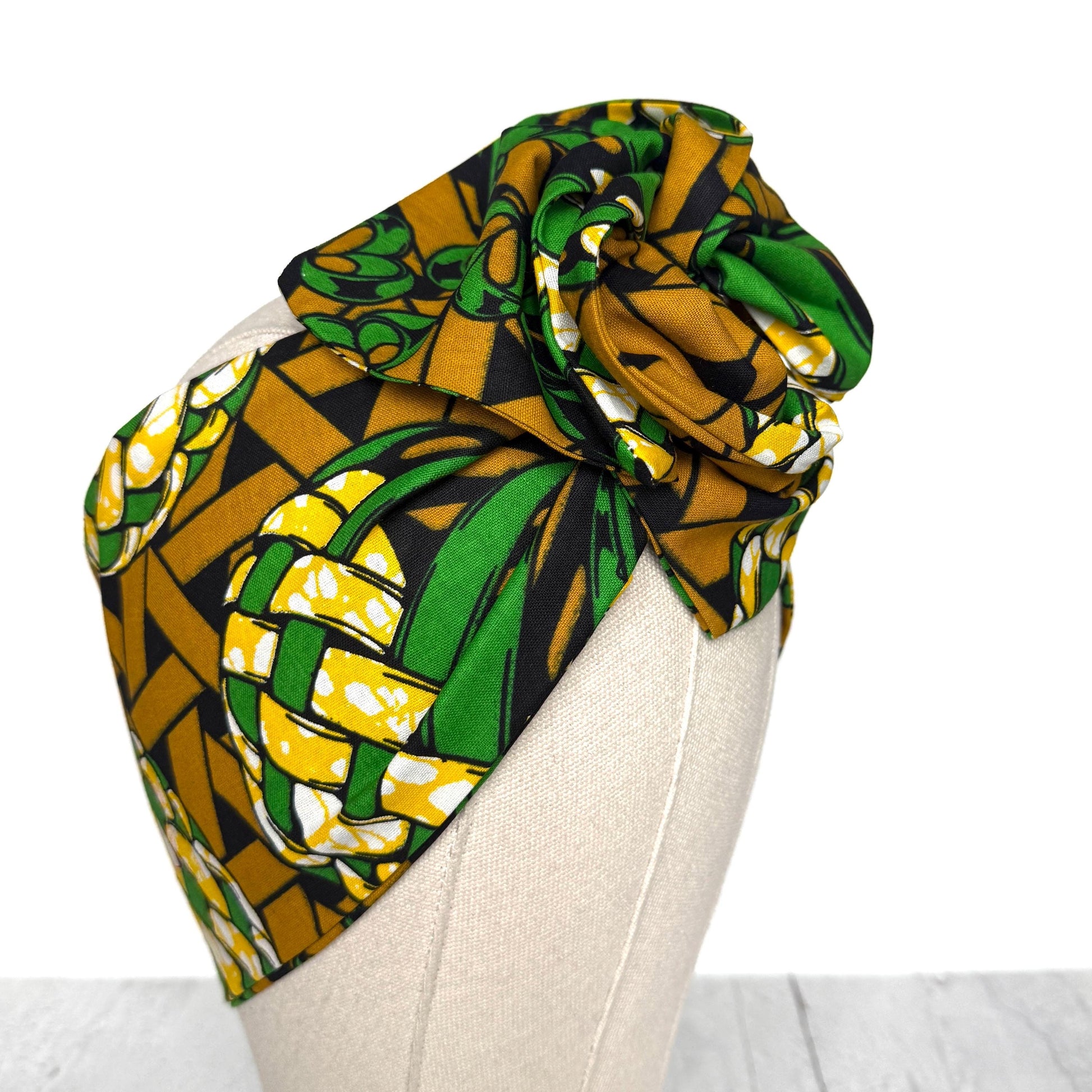 Extra Wide Adjustable Wire Wrap, Ankara Wired Headband, Green Tan Black African Fabric Head Wrap, Ankara Afro Boho Accessories