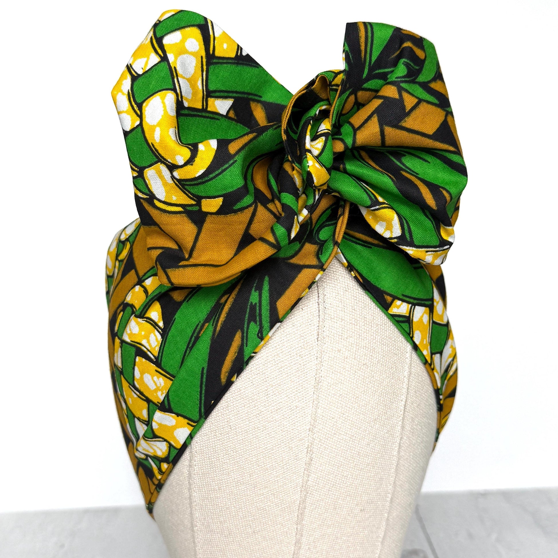 Extra Wide Adjustable Wire Wrap, Ankara Wired Headband, Green Tan Black African Fabric Head Wrap, Ankara Afro Boho Accessories