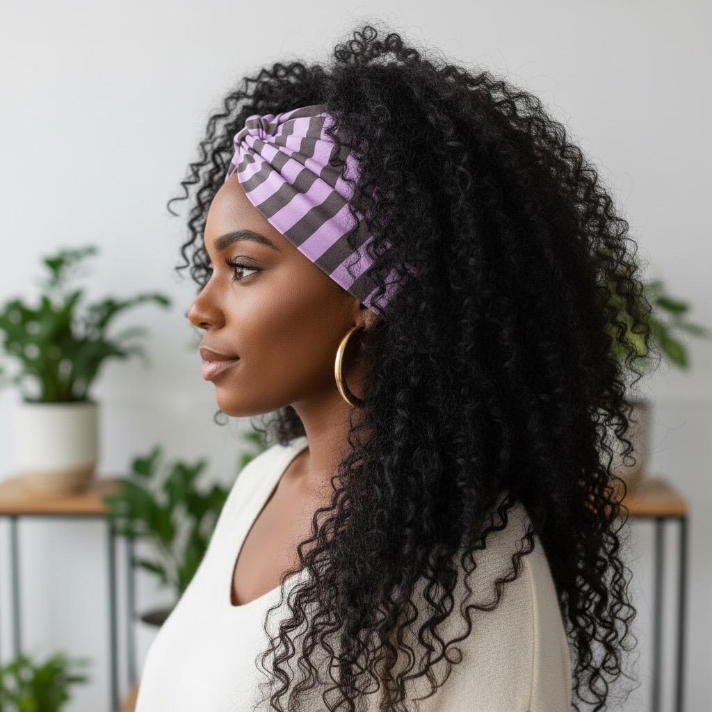 Extra Wide Adjustable Wire Headband, Lavendar Soft Purple Brown Striped Print, Boho Wired Headband, Fabric Head Wrap, BendableTurban