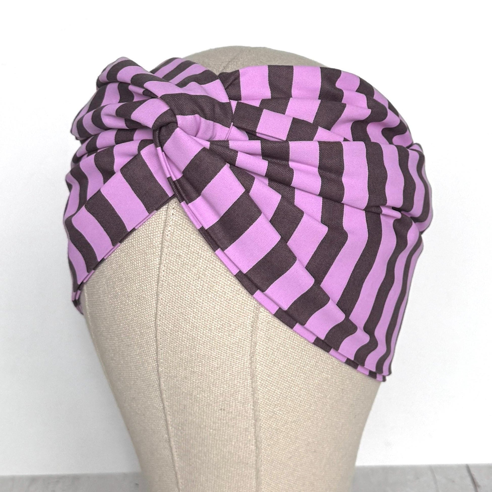 Extra Wide Adjustable Wire Headband, Lavendar Soft Purple Brown Striped Print, Boho Wired Headband, Fabric Head Wrap, BendableTurban