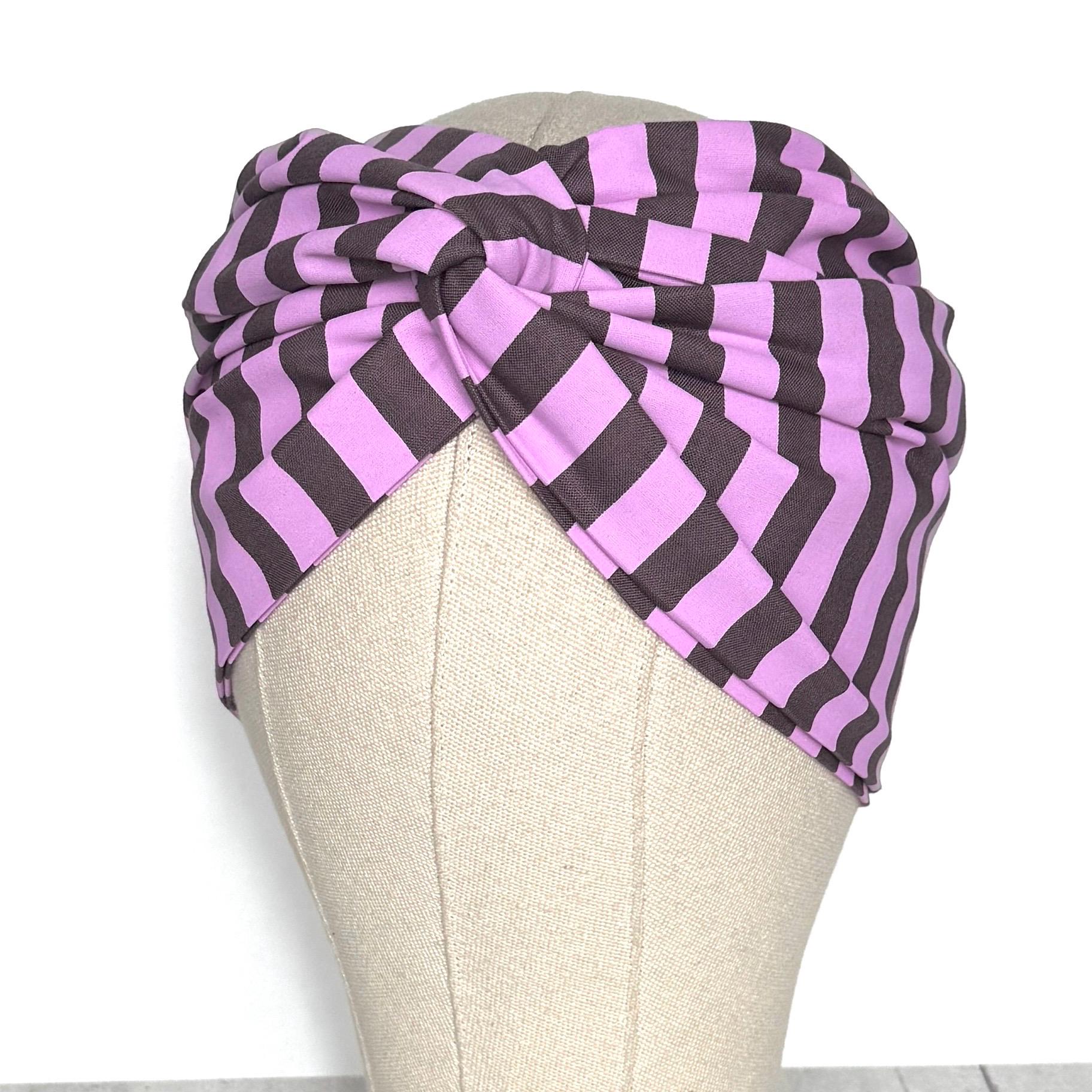 Extra Wide Adjustable Wire Headband, Lavendar Soft Purple Brown Striped Print, Boho Wired Headband, Fabric Head Wrap, BendableTurban