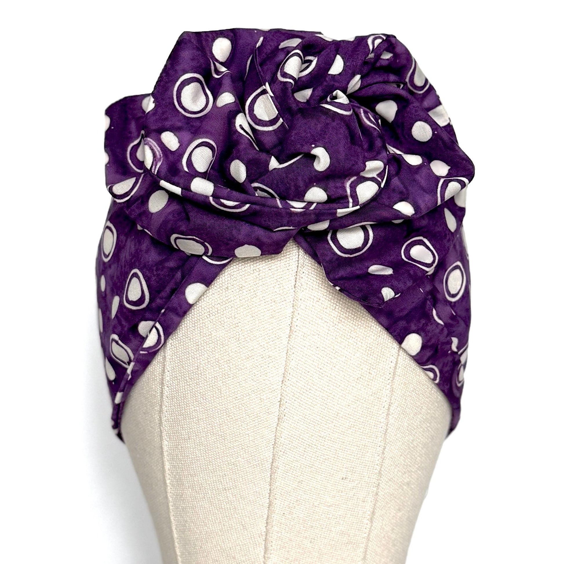 Extra Wide Adjustable Wire Headband, Batik Plum White Abstract Polka Dot Print, Boho Wired Headband, Fabric Head Wrap, BendableTurban