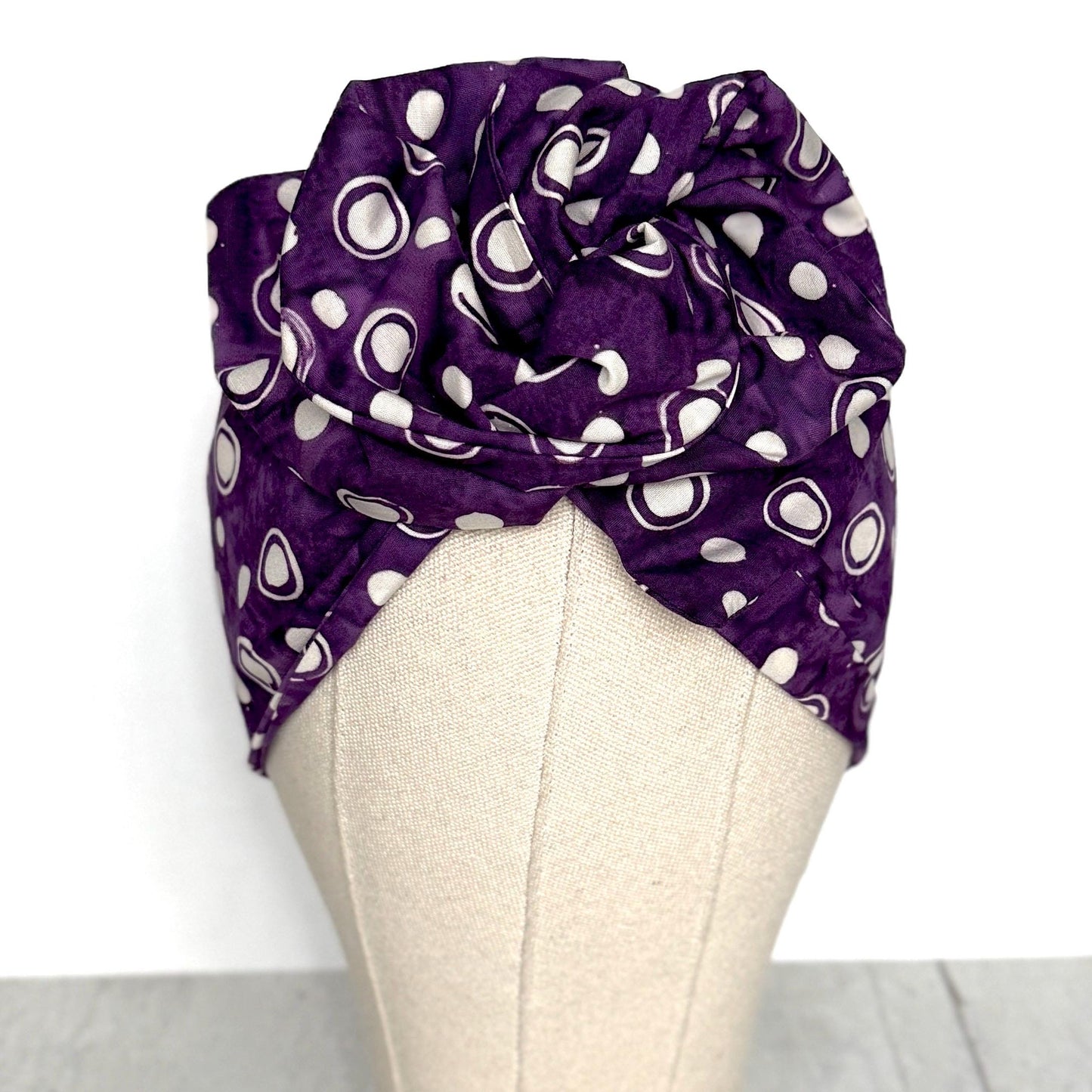 Extra Wide Adjustable Wire Headband, Batik Plum White Abstract Polka Dot Print, Boho Wired Headband, Fabric Head Wrap, BendableTurban