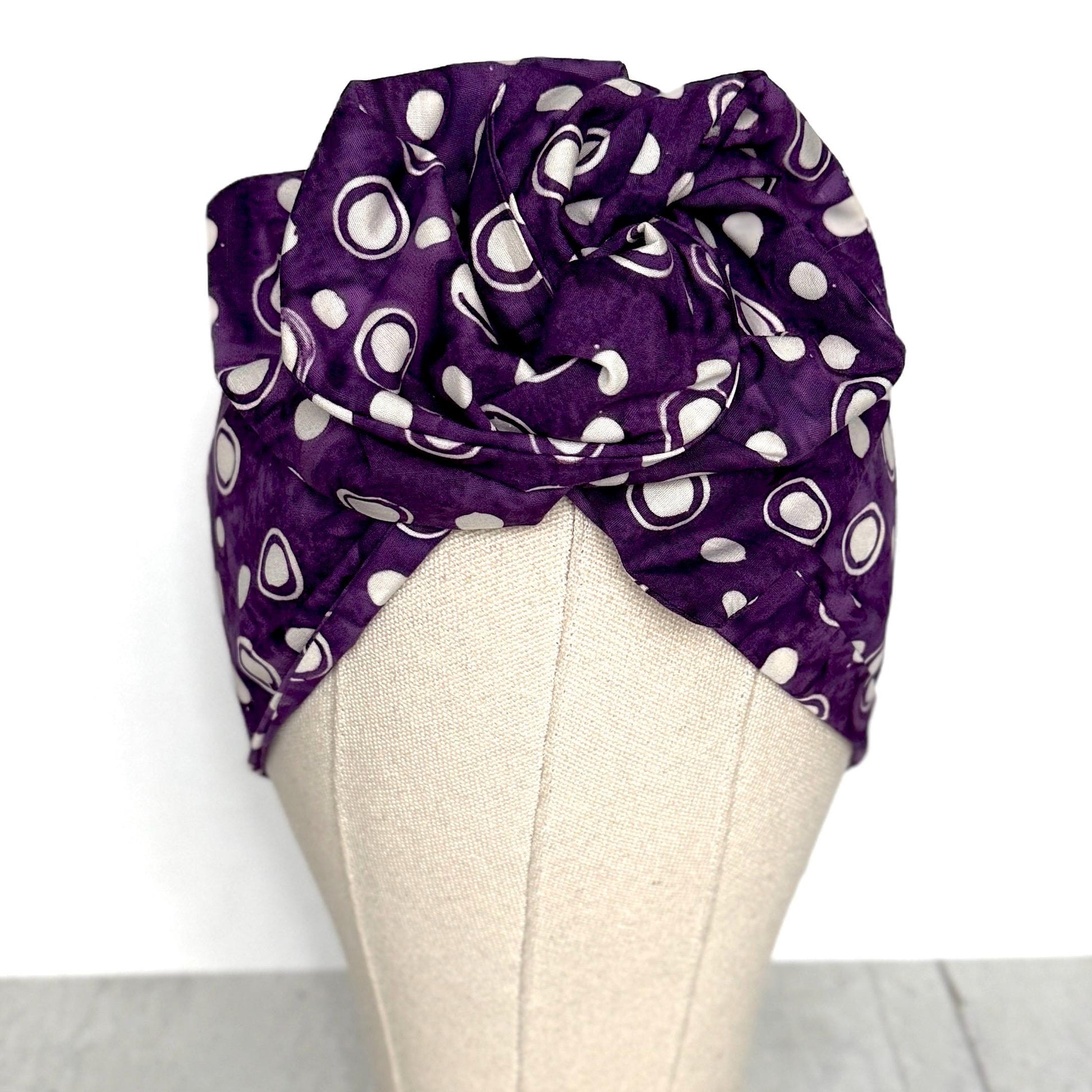 Extra Wide Adjustable Wire Headband, Batik Plum White Abstract Polka Dot Print, Boho Wired Headband, Fabric Head Wrap, BendableTurban