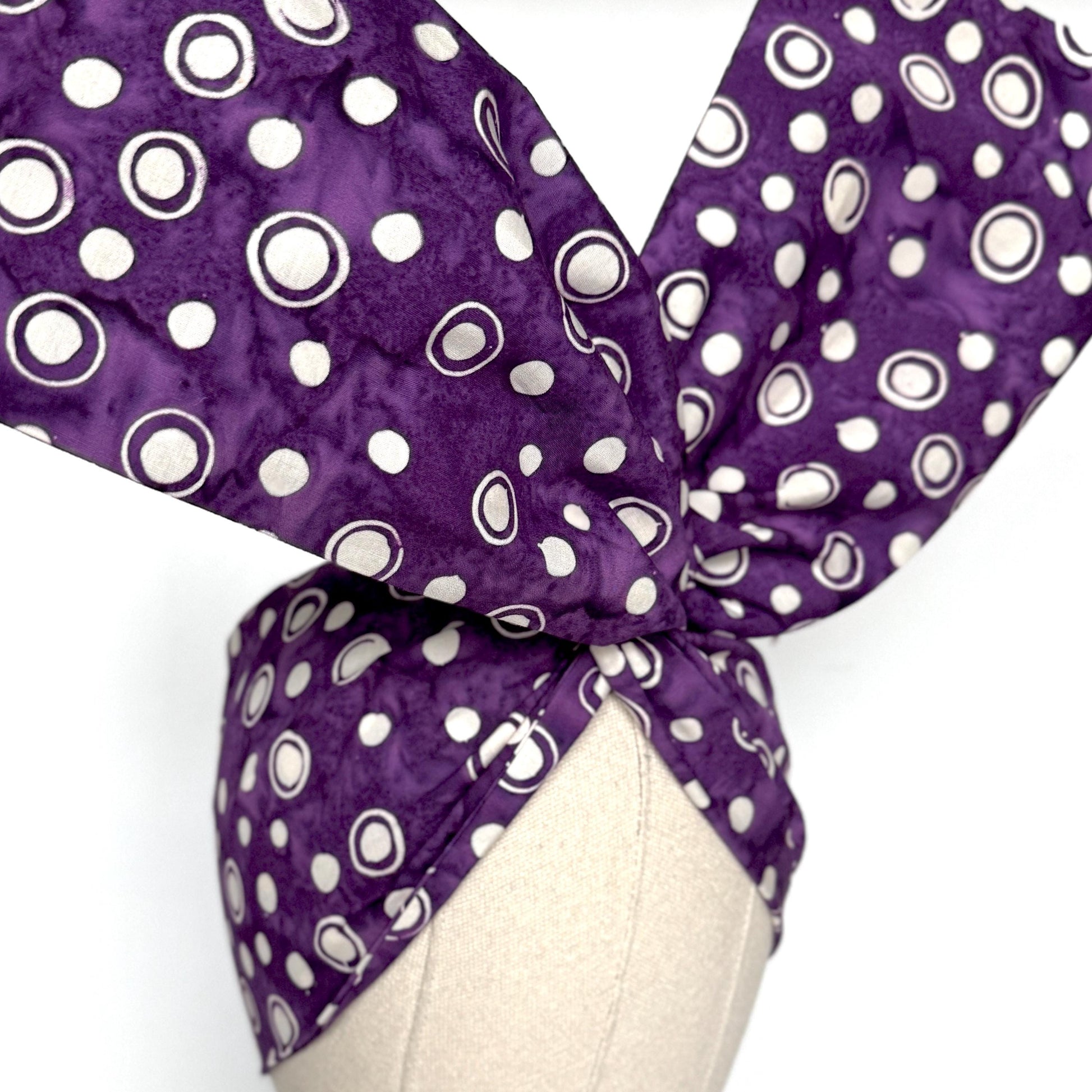 Extra Wide Adjustable Wire Headband, Batik Plum White Abstract Polka Dot Print, Boho Wired Headband, Fabric Head Wrap, BendableTurban