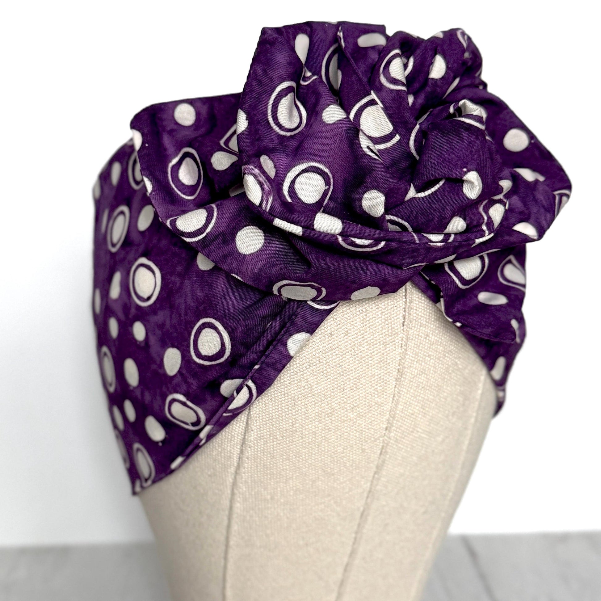 Extra Wide Adjustable Wire Headband, Batik Plum White Abstract Polka Dot Print, Boho Wired Headband, Fabric Head Wrap, BendableTurban