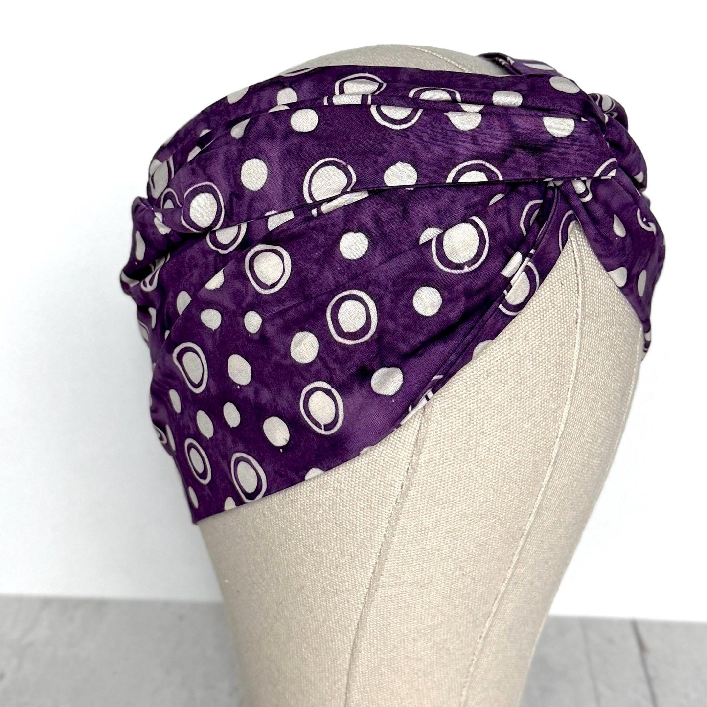 Extra Wide Adjustable Wire Headband, Batik Plum White Abstract Polka Dot Print, Boho Wired Headband, Fabric Head Wrap, BendableTurban
