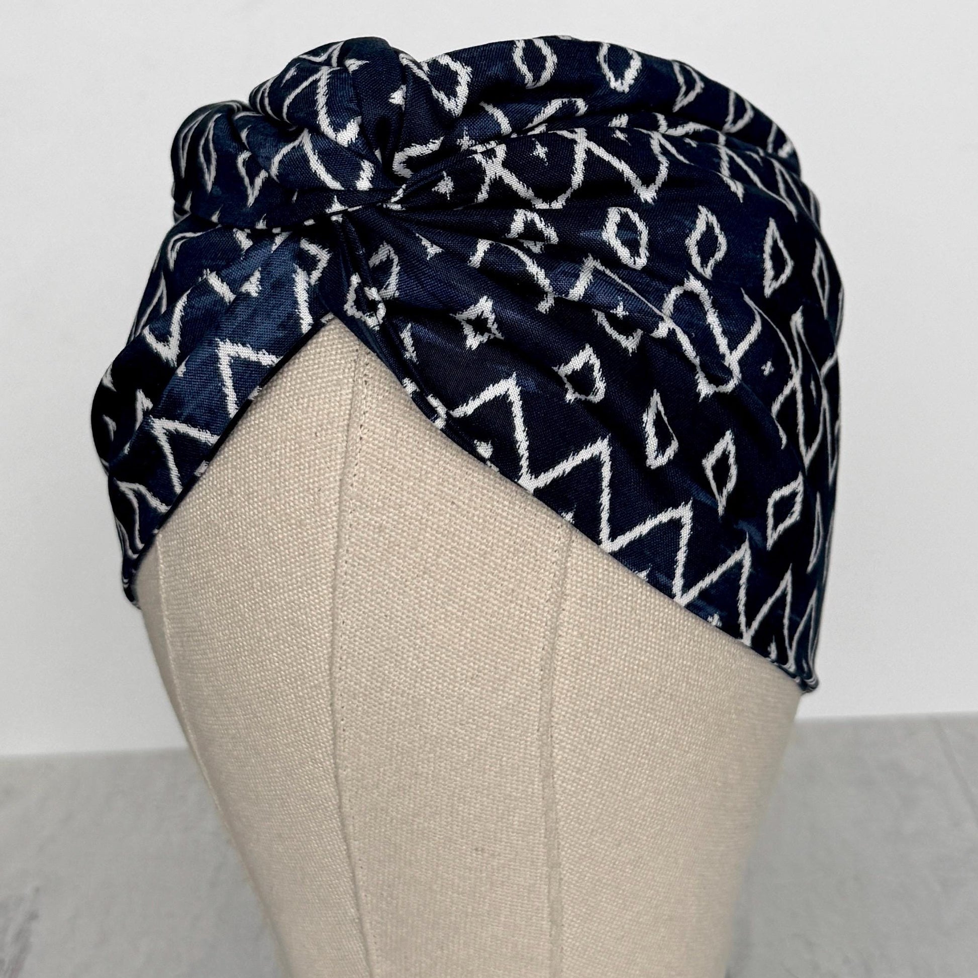 Extra Wide Adjustable Wire Headband, Navy Blue White Tribal Print, Boho Wired Headband, Fabric Head Wrap, Turban, Gift idea, Bendable Scarf